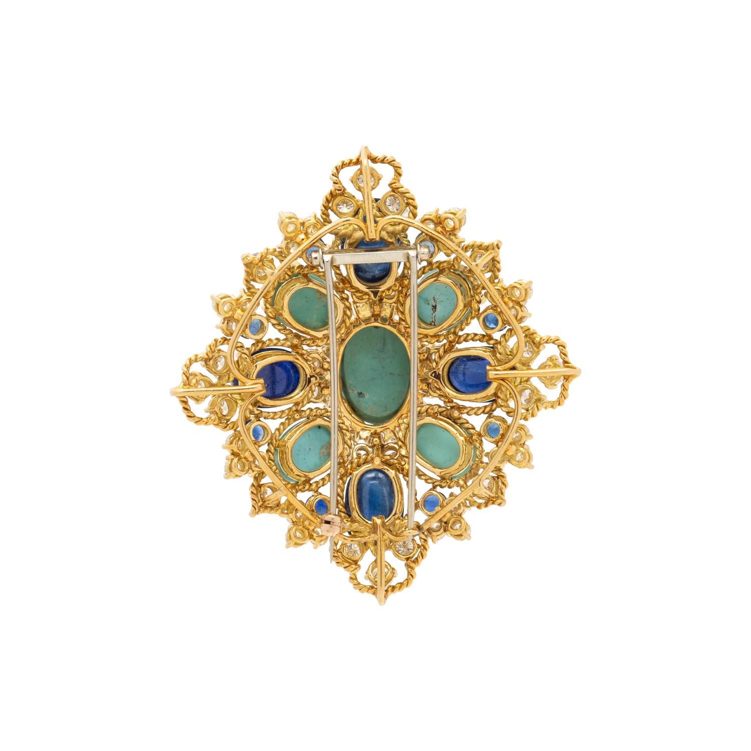 TURQUOISE, SAPPHIRE, AND DIAMOND BROOCH