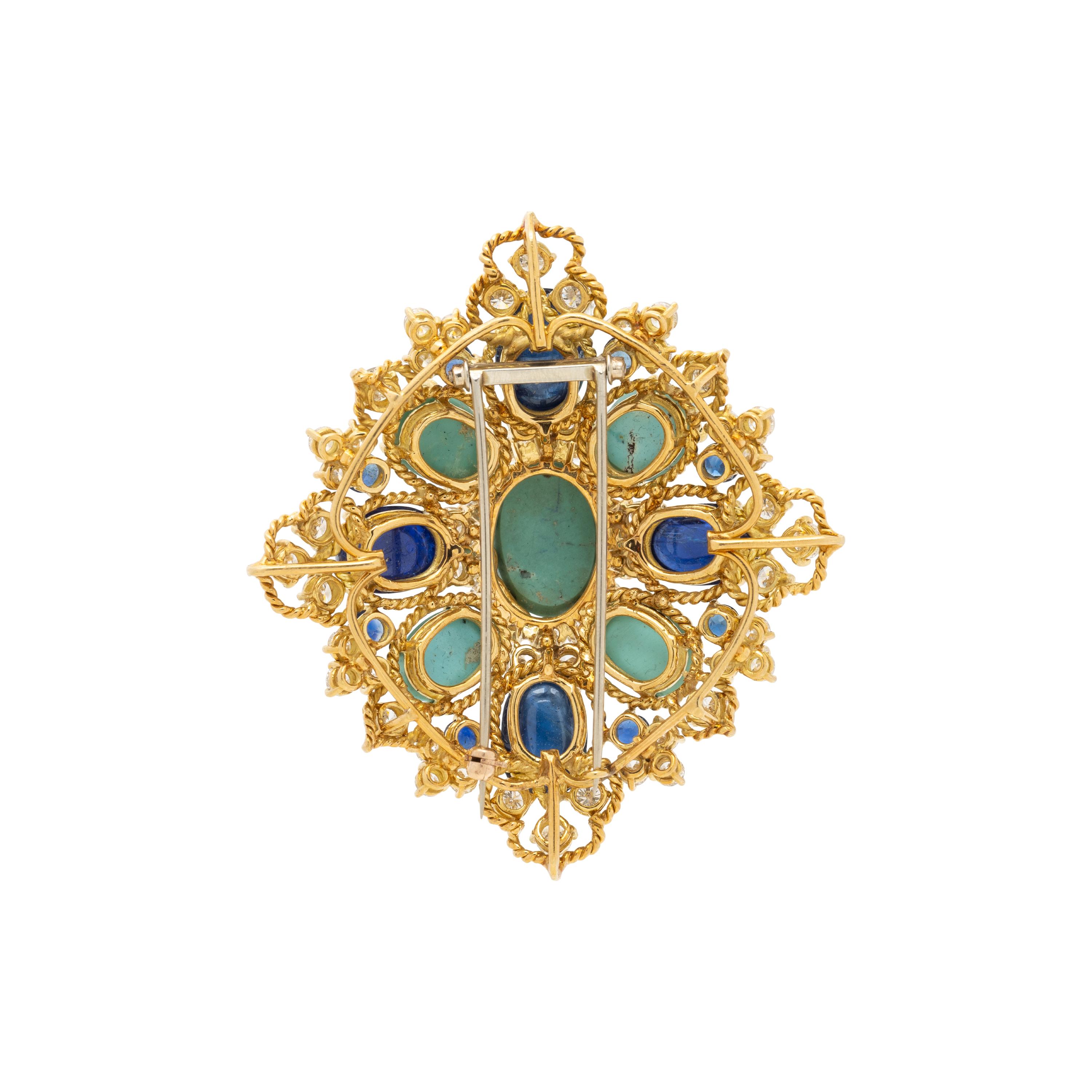 TURQUOISE, SAPPHIRE, AND DIAMOND BROOCH