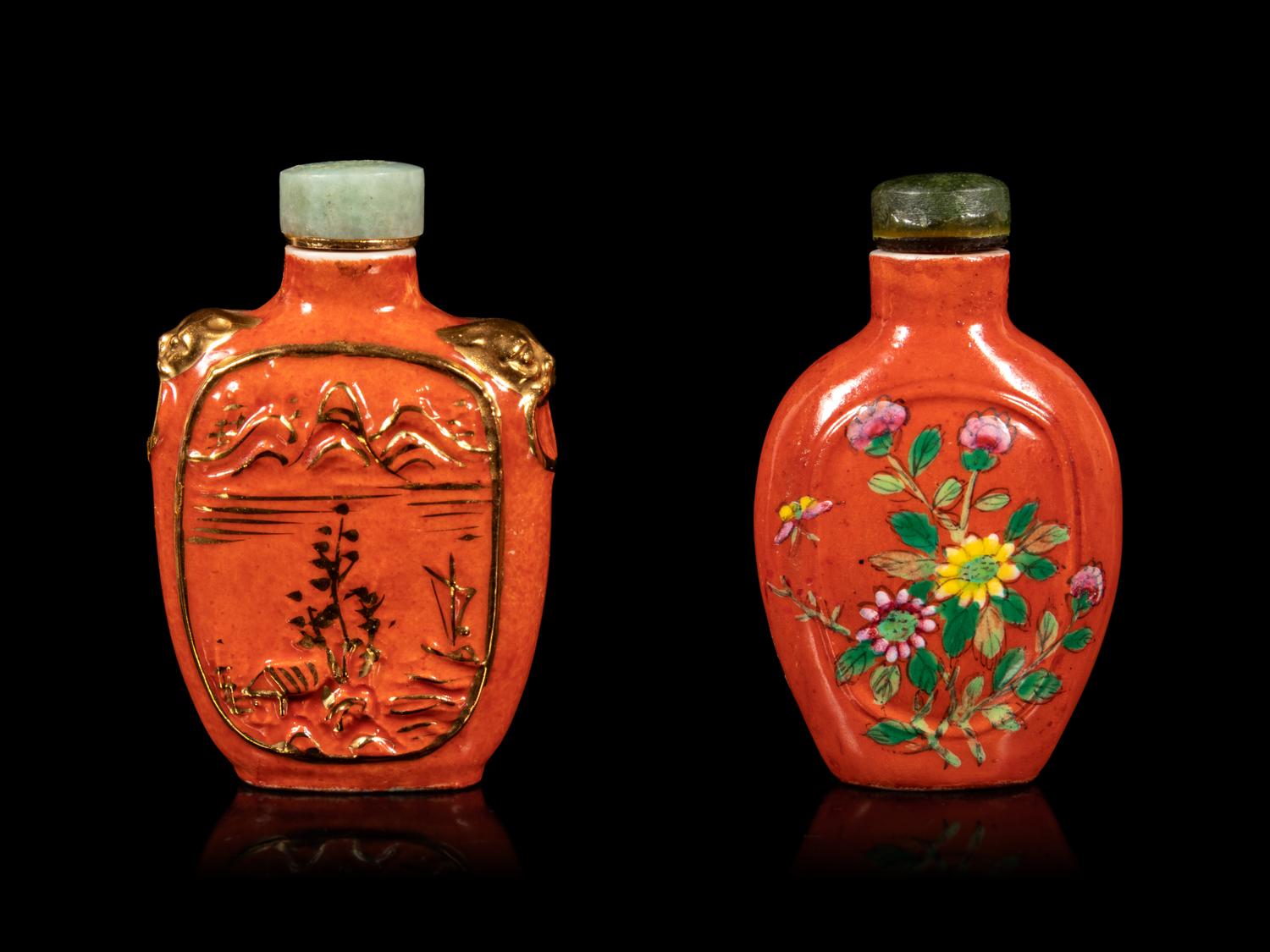 Two Chinese Coral Red-Ground Porcelain Snuff Bottles