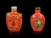 Two Chinese Coral Red-Ground Porcelain Snuff Bottles