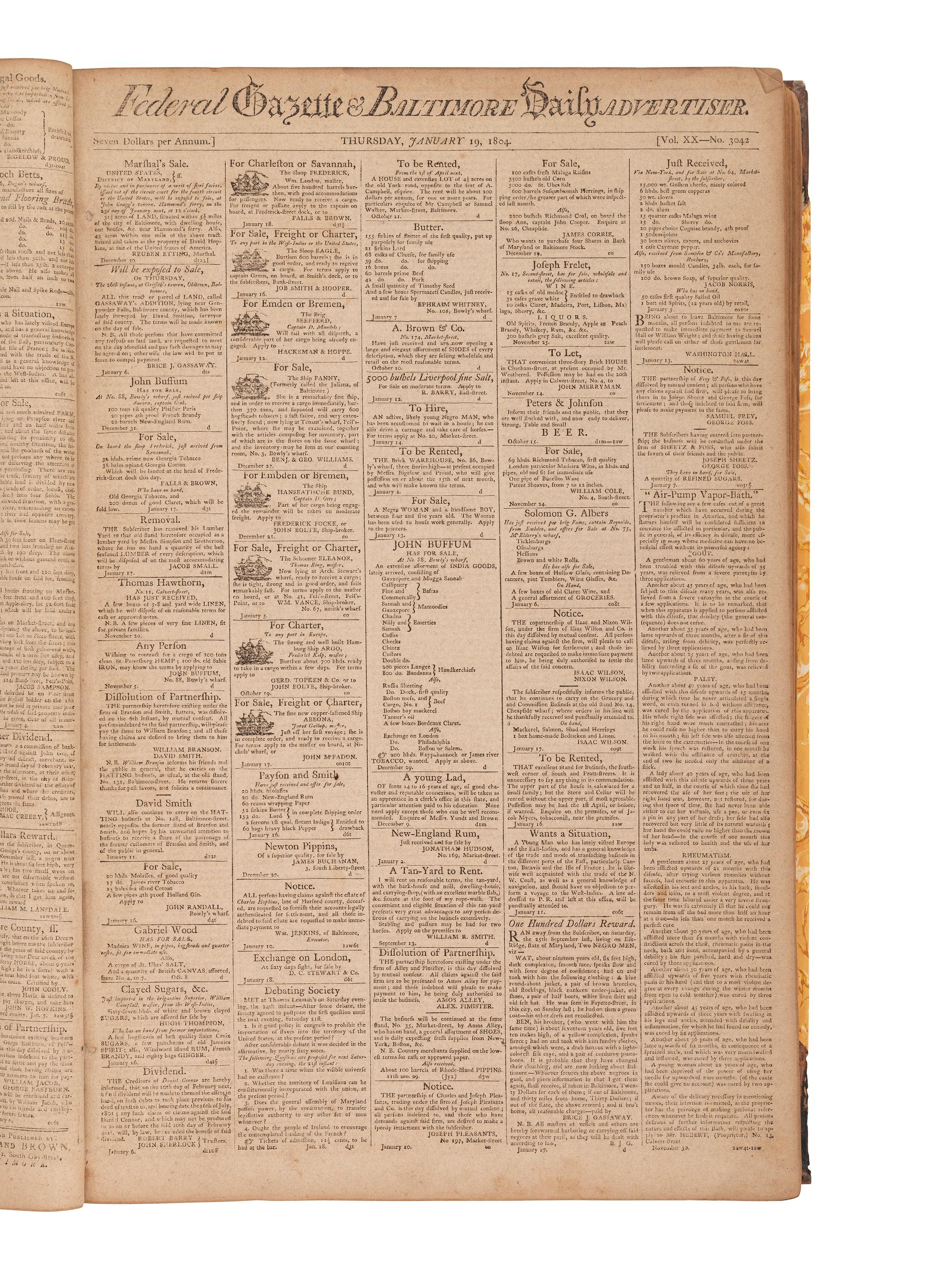 [POLITICS] -- [NEWSPAPERS]. The Federal Gazette & Baltimore Daily Advertiser . Bound volume containing 144 newspapers, incl. coverage of Thomas Jefferson's first term in office.