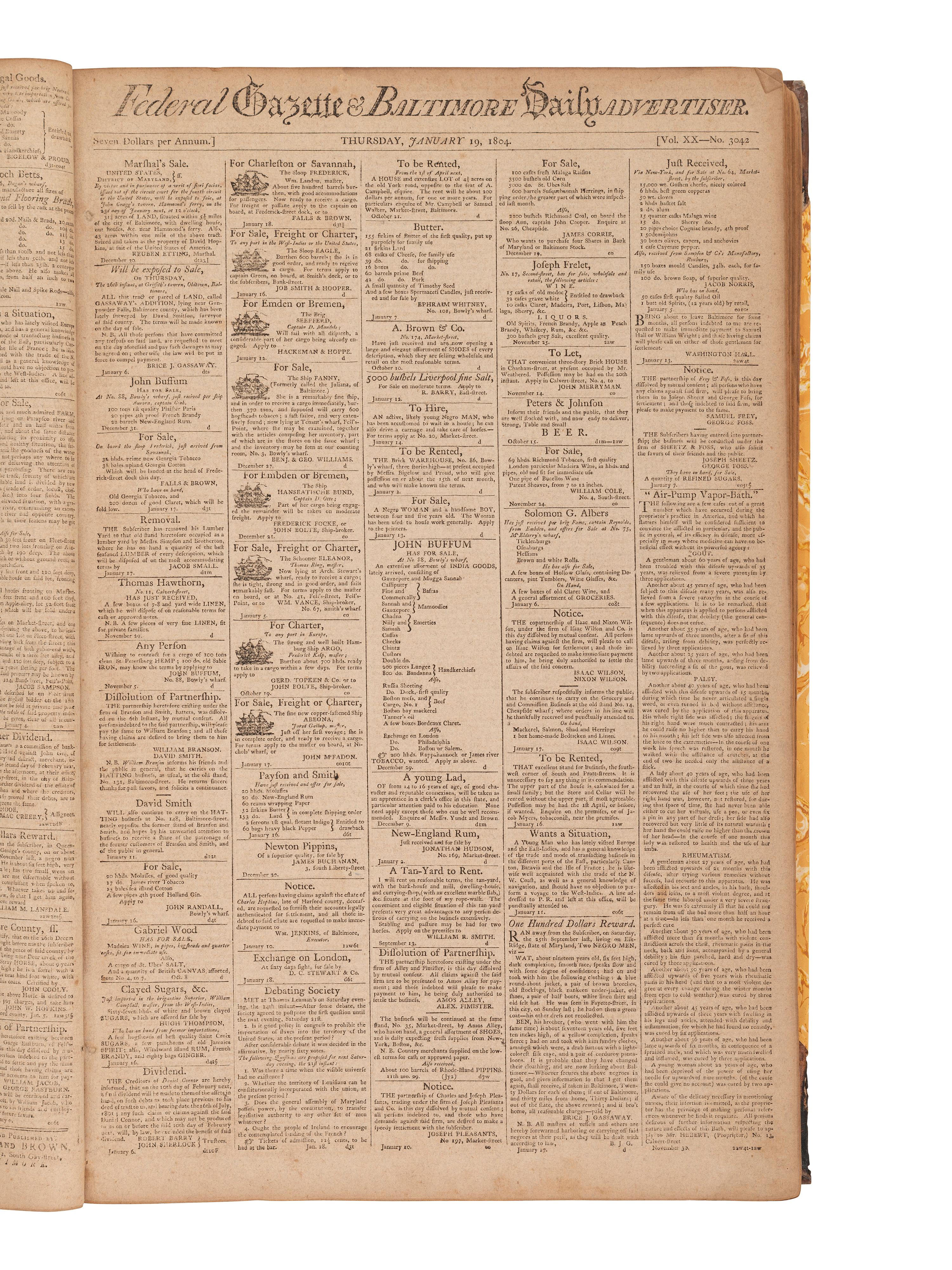 [POLITICS] -- [NEWSPAPERS]. The Federal Gazette & Baltimore Daily Advertiser . Bound volume containing 144 newspapers, incl. coverage of Thomas Jefferson's first term in office.