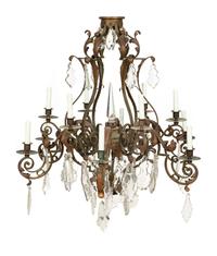A French Wrought Iron, Tole and Cut Glass Twelve-Light Chandelier