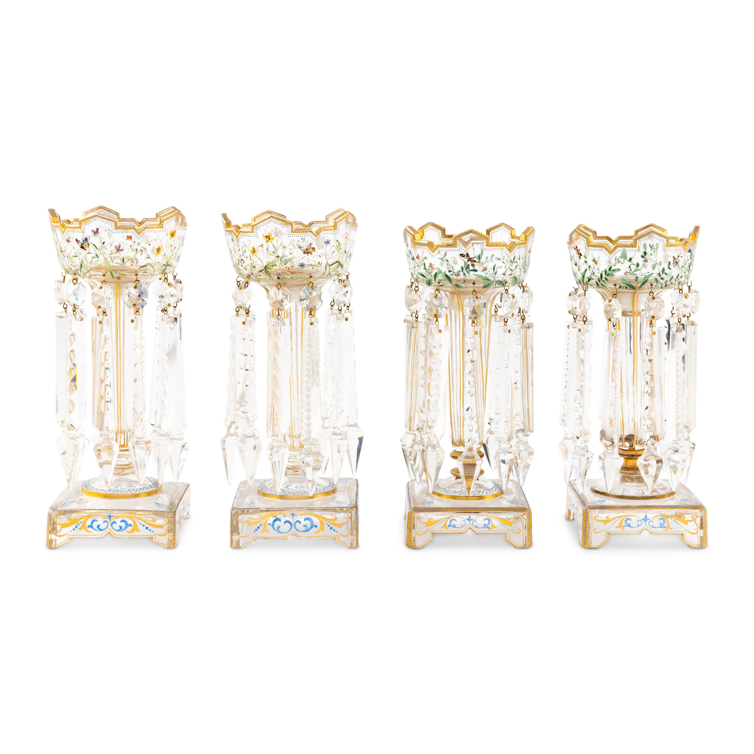 A Set of Four Bohemian Enameled Cut Glass Girandole Candlesticks