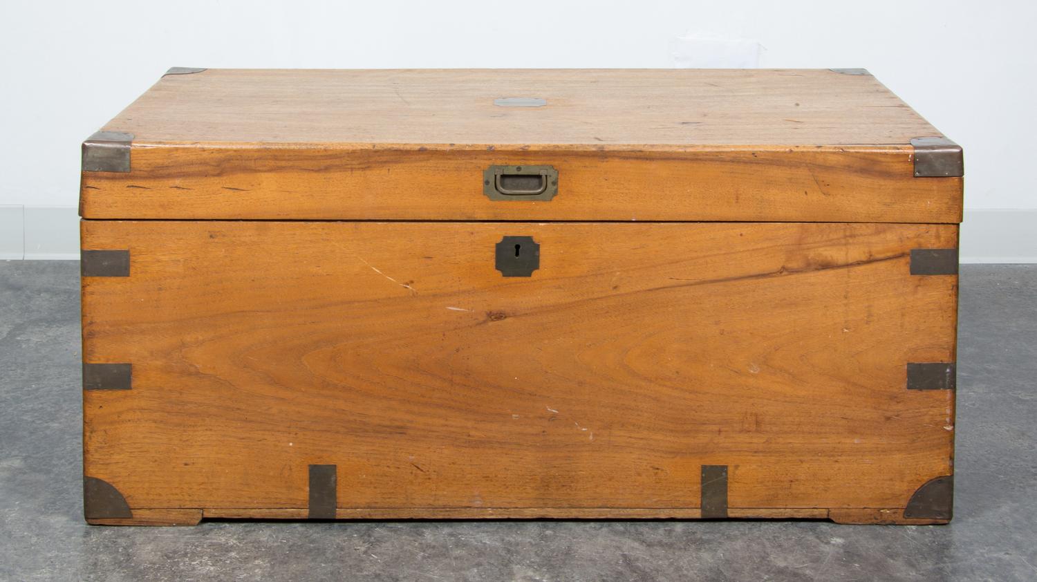 A Chinese Export Campaign Style Trunk Height 18 1/2 x width 41 1/4 x depth 20 1/2 inches.