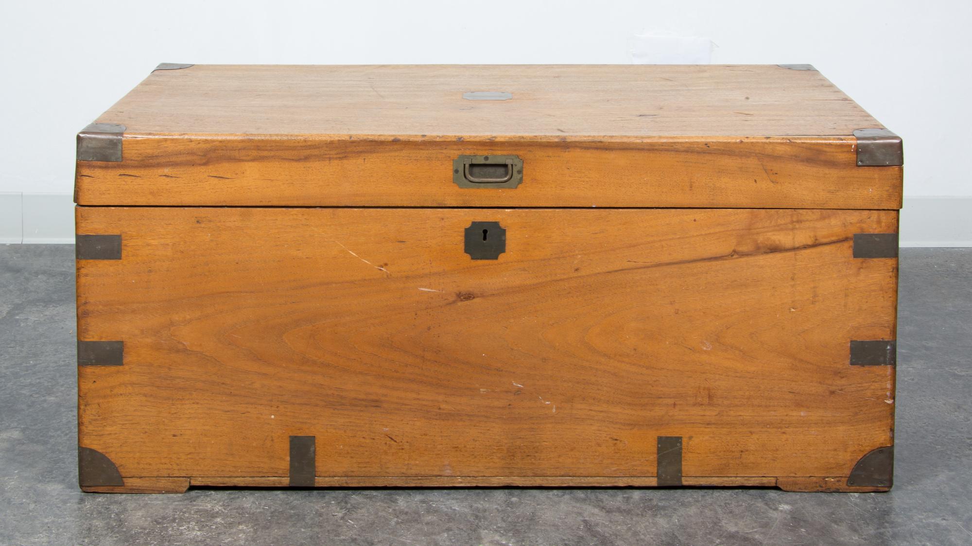 A Chinese Export Campaign Style Trunk Height 18 1/2 x width 41 1/4 x depth 20 1/2 inches.