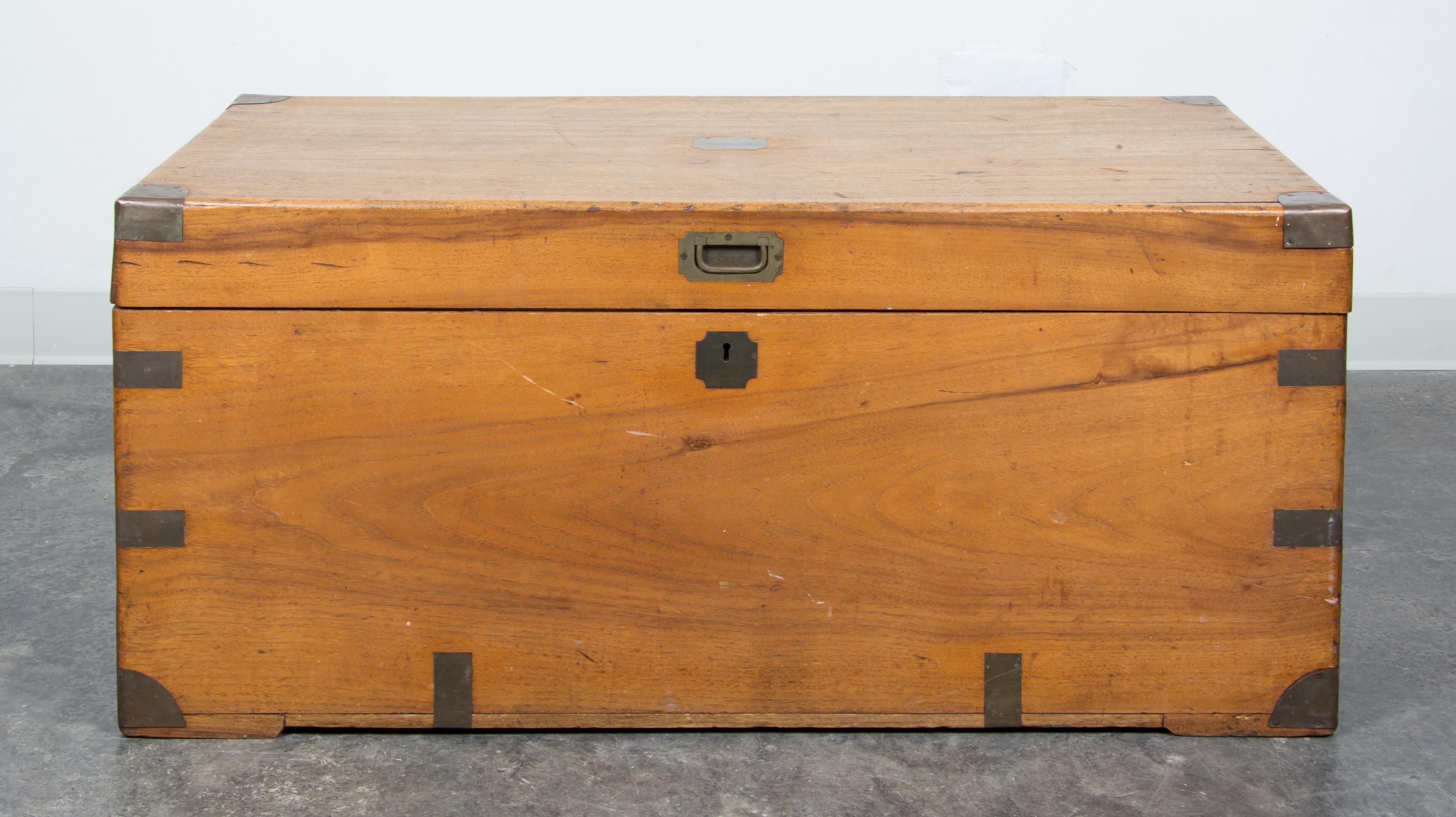 A Chinese Export Campaign Style Trunk Height 18 1/2 x width 41 1/4 x depth 20 1/2 inches.