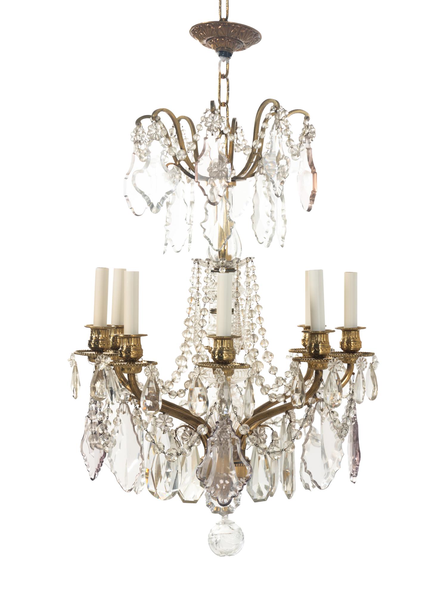 A Continental Gilt Brass and Cut Glass Eight-Light Chandelier