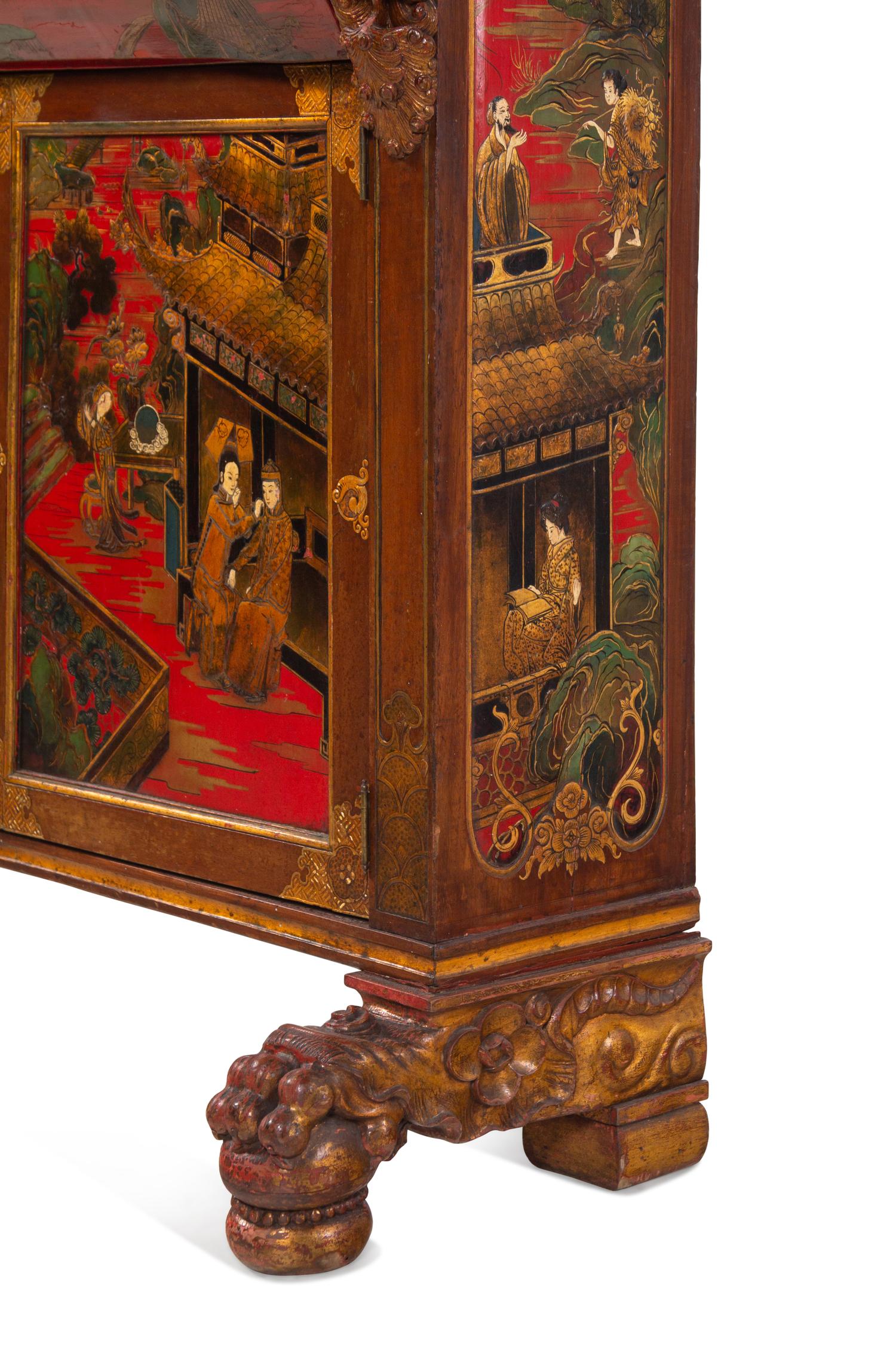 A Georgian Style Red Lacquered and Chinoiserie Decorated Secretary Bookcase