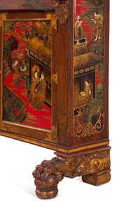 A Georgian Style Red Lacquered and Chinoiserie Decorated Secretary Bookcase