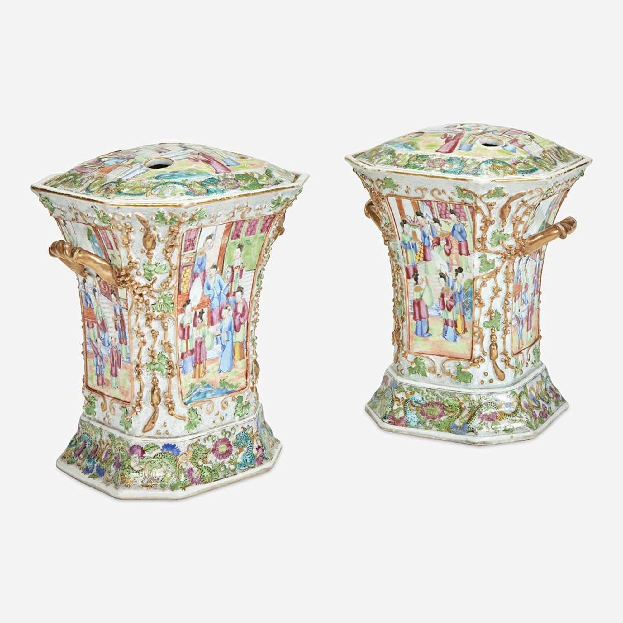 A Pair of Chinese Export Famille Rose Porcelain Covered Bough Pots 19th century