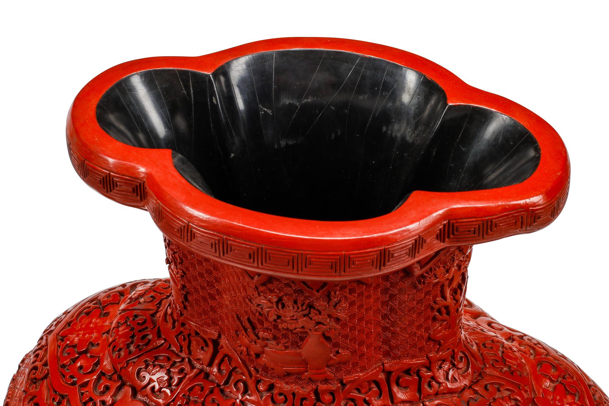 A Pair of Chinese Carved Red Lacquer Vases
