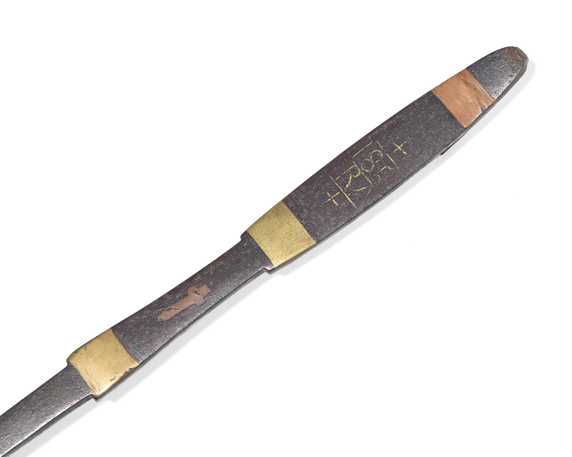A Brass and Copper Inlaid Wrought Iron Ash Pusher, Possibly Pennsylvania, First Half 19th Century