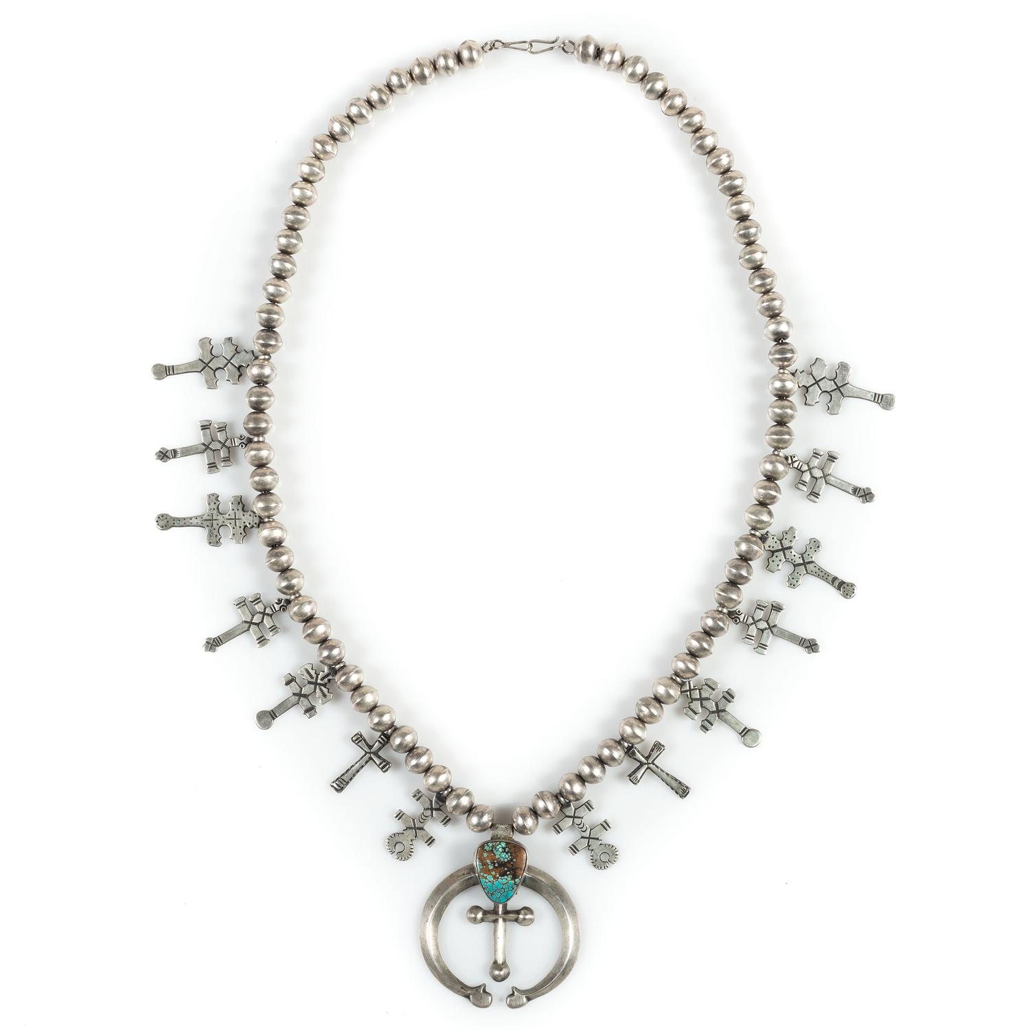 Navajo Sterling Silver and Turquoise Squash Blossom Necklace, with Double-Crosses
