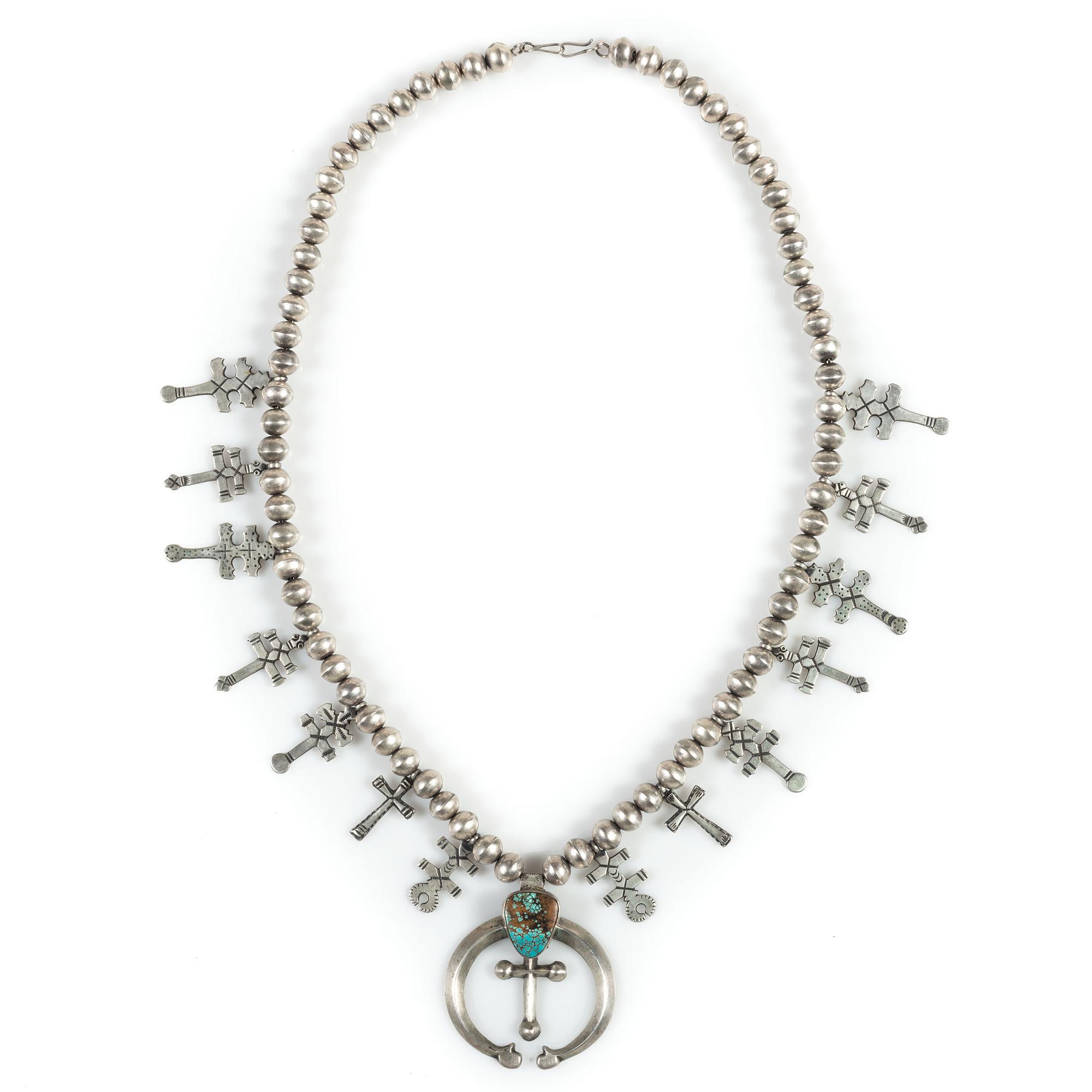 Navajo Sterling Silver and Turquoise Squash Blossom Necklace, with Double-Crosses