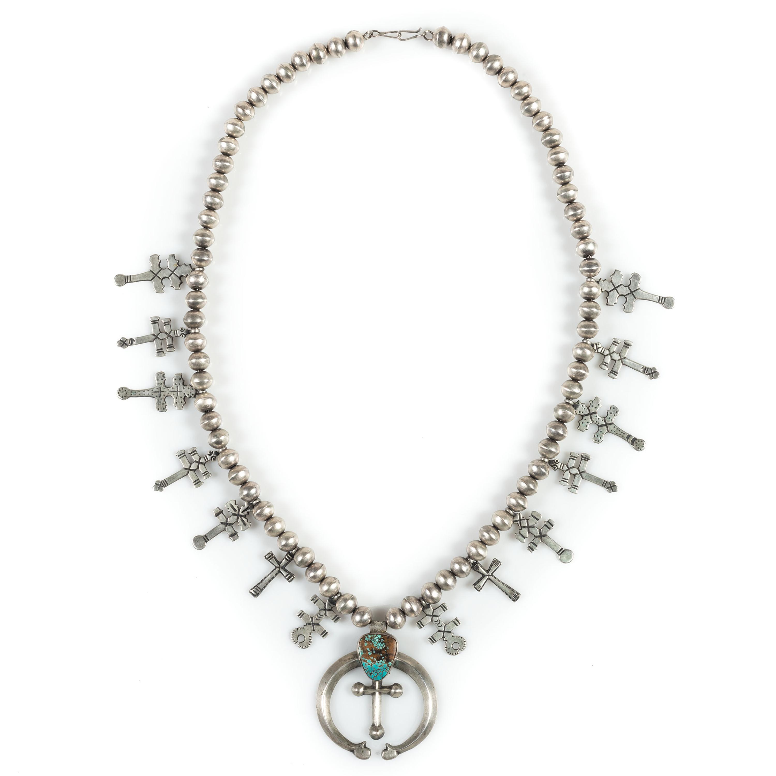 Navajo Sterling Silver and Turquoise Squash Blossom Necklace, with Double-Crosses