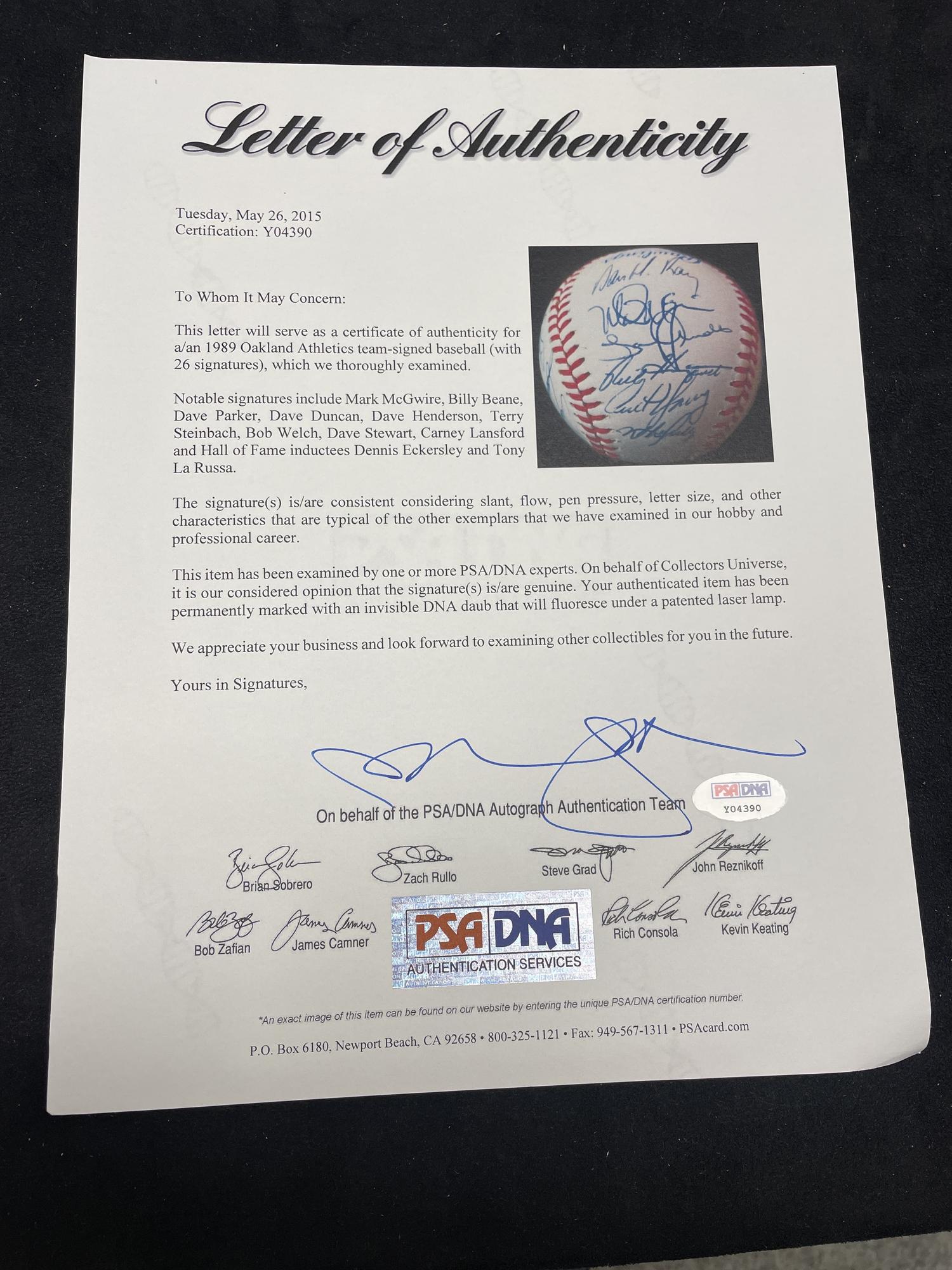 A 1989 World Series Champions Oakland Athletics Team Signed Autograph Baseball (PSA Letter of Authenticity)