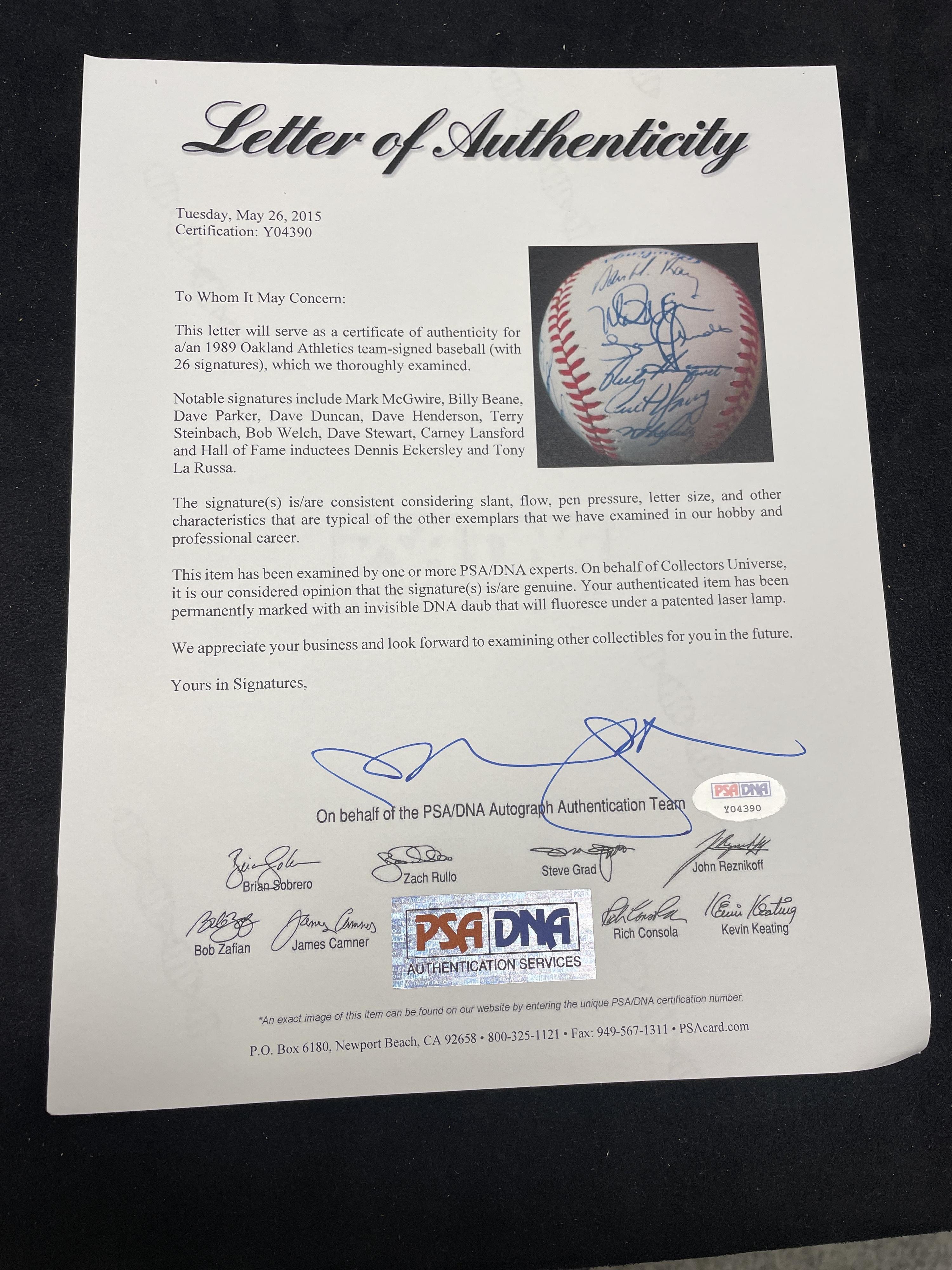 A 1989 World Series Champions Oakland Athletics Team Signed Autograph Baseball (PSA Letter of Authenticity)