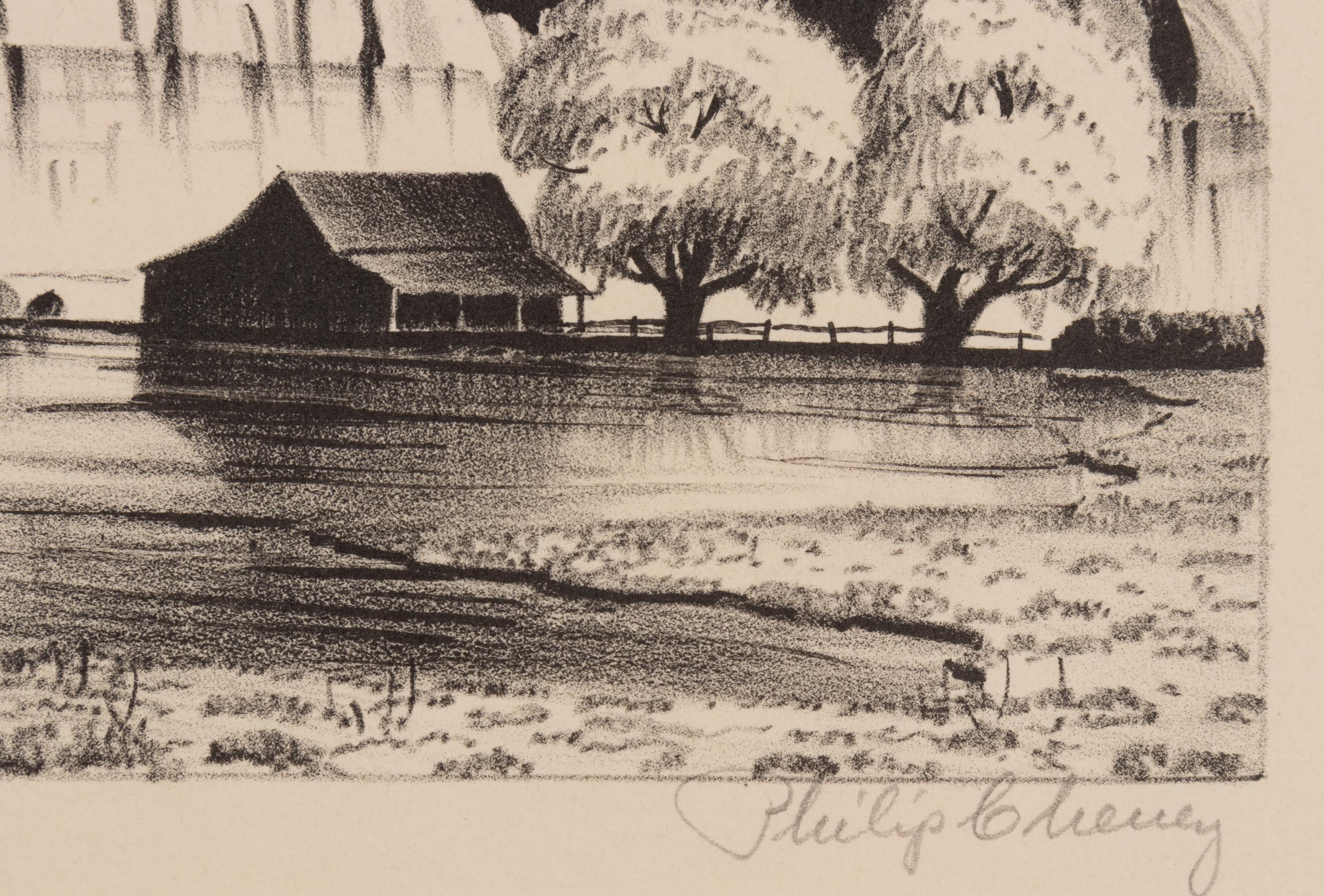A group of four American prints (Philip Cheney, Sweet Water ; Fred Shane, Farm in the Rockies ; Lynd Ward, The Corral - Tres Cumbres ; Edward A. Wilson, Hog Back Meeting House )