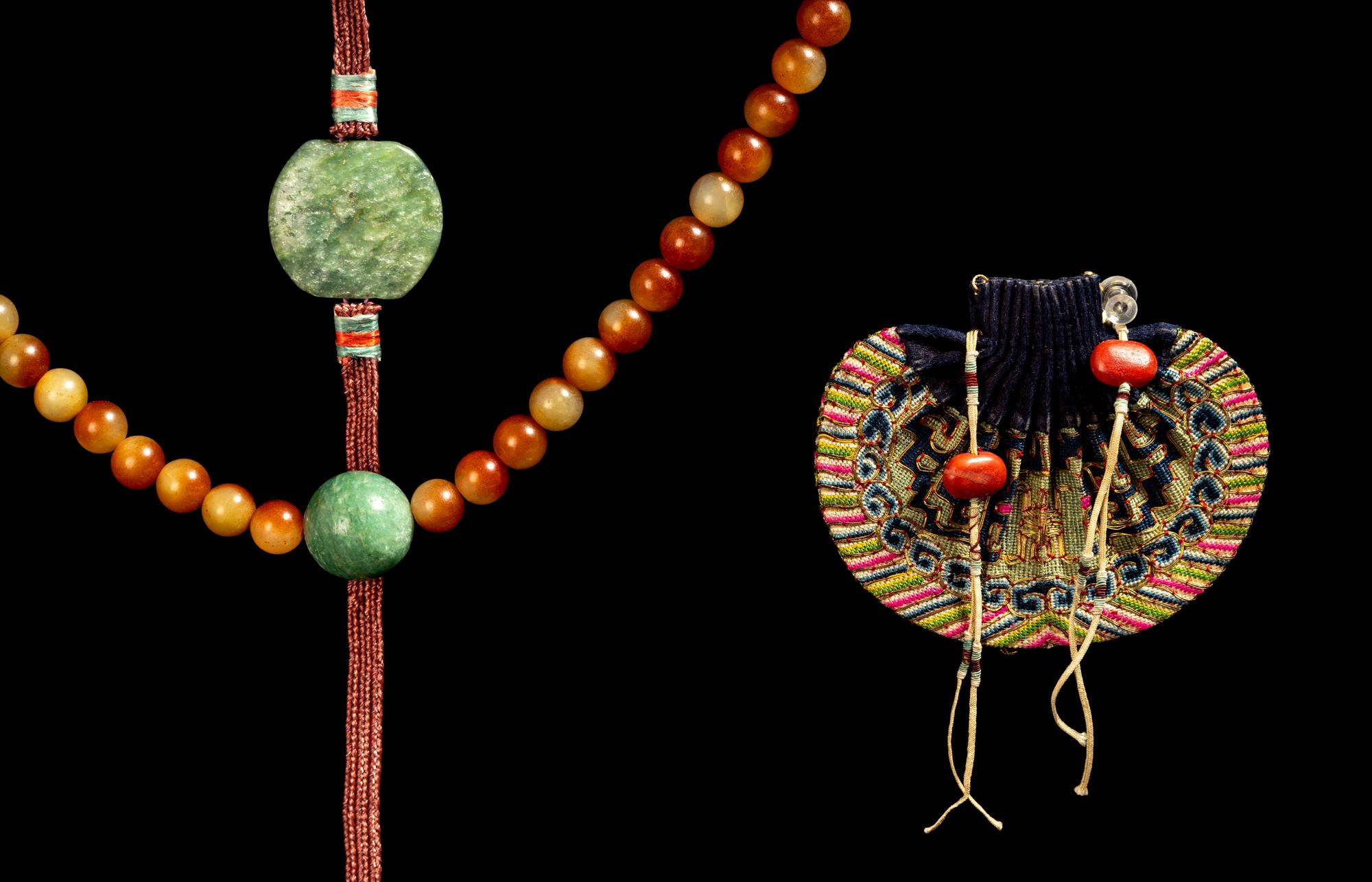 Two Chinese Jewelry and A Chinese Embroidered Silk Purse