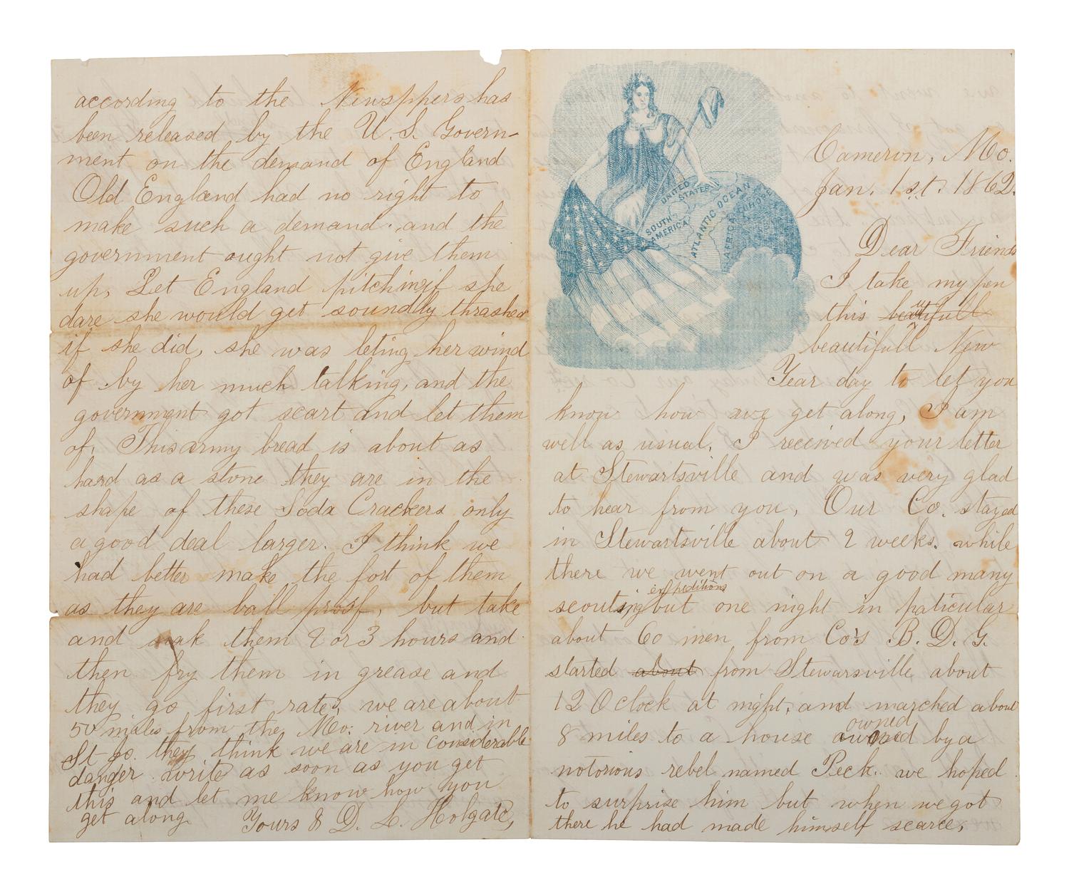 Private Daniel Lee Holgate, Company G, 52nd Illinois Infantry Regiment, KIA at Shiloh. Autographed letter humorously suggesting the use of hardtack to build a fort. Cameron, MO. 1 January 1862.