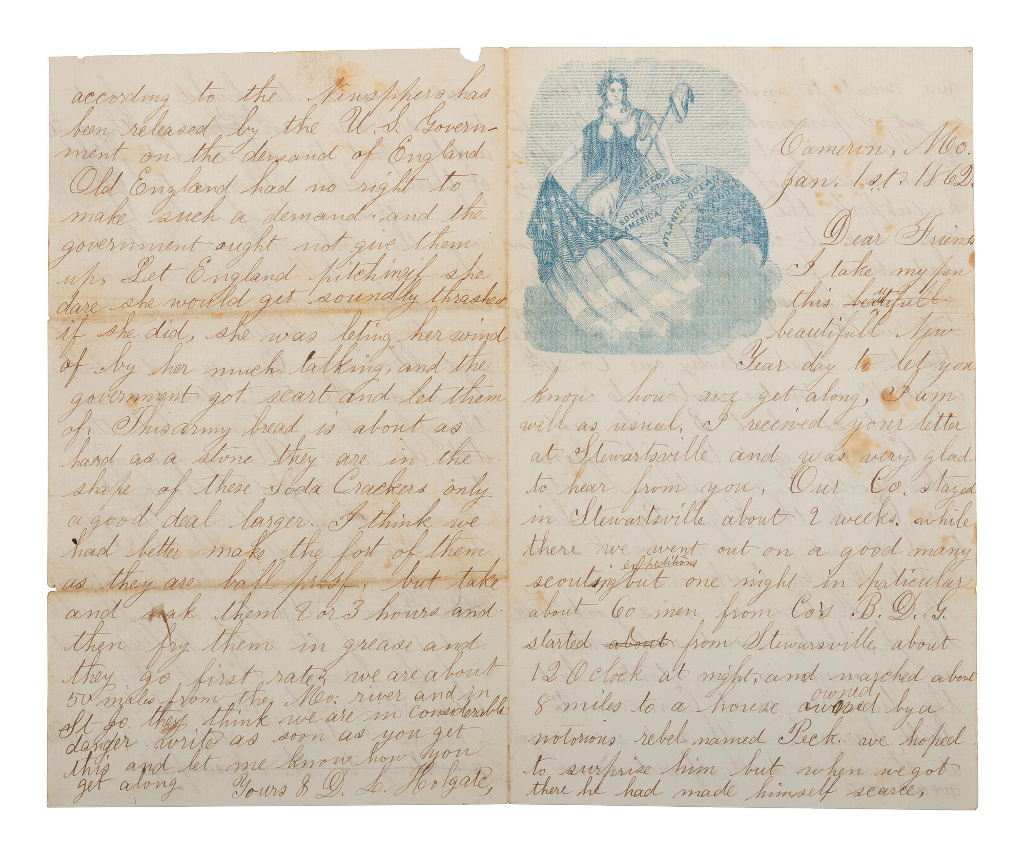 Private Daniel Lee Holgate, Company G, 52nd Illinois Infantry Regiment, KIA at Shiloh. Autographed letter humorously suggesting the use of hardtack to build a fort. Cameron, MO. 1 January 1862.