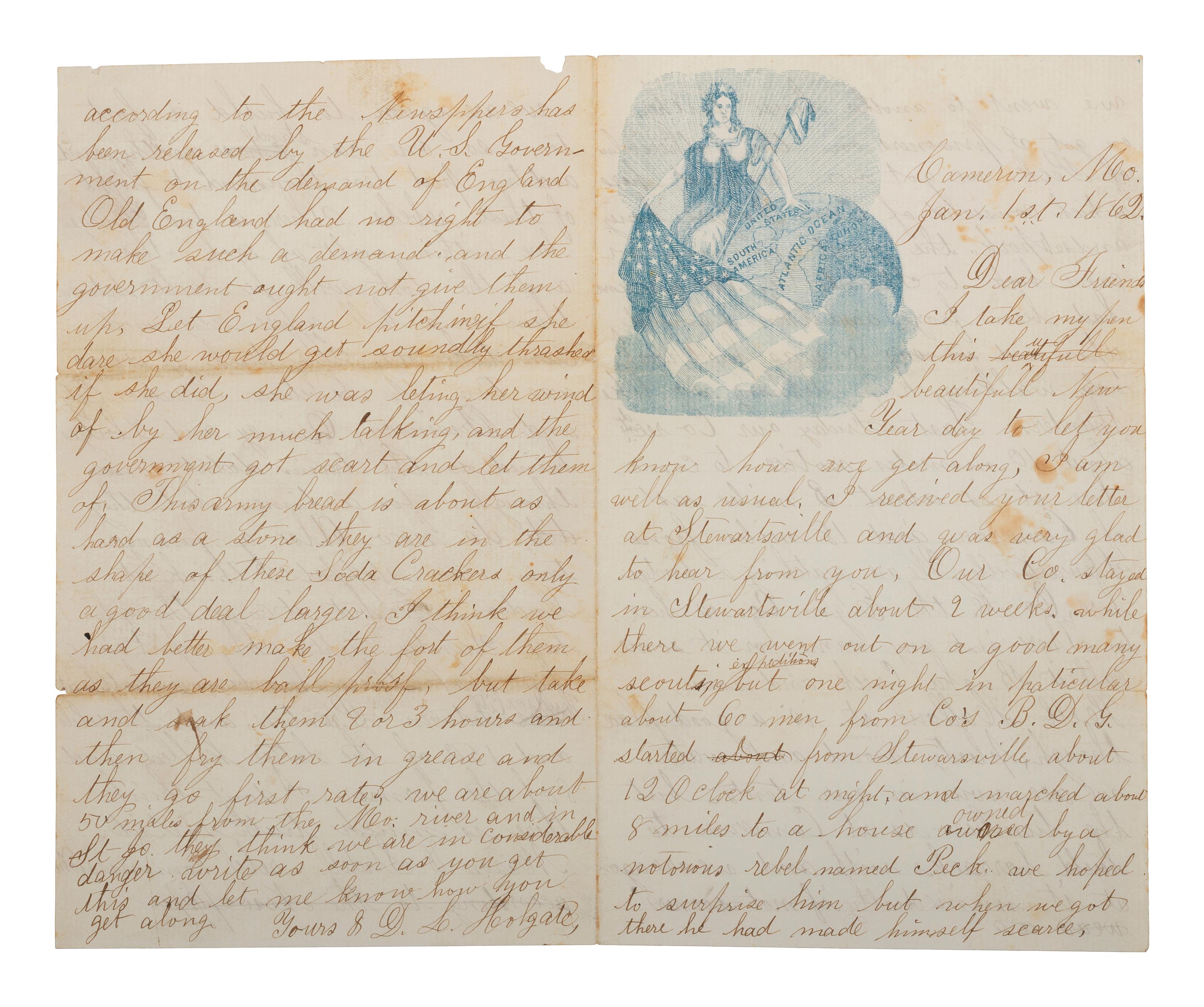 Private Daniel Lee Holgate, Company G, 52nd Illinois Infantry Regiment, KIA at Shiloh. Autographed letter humorously suggesting the use of hardtack to build a fort. Cameron, MO. 1 January 1862.