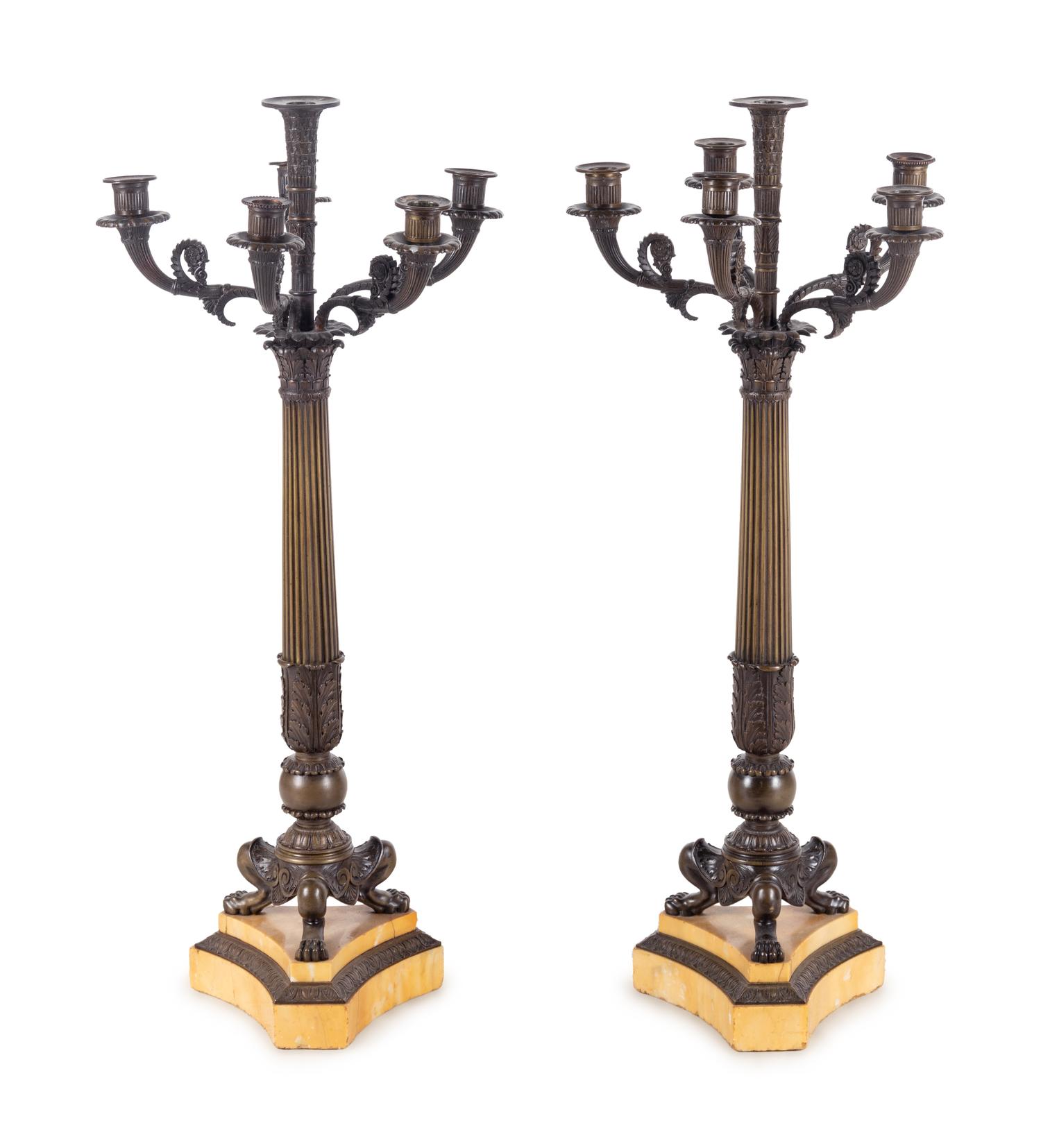 A Pair of Charles X Bronze and Sienna Marble Six-Light Candelabra