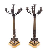 A Pair of Charles X Bronze and Sienna Marble Six-Light Candelabra