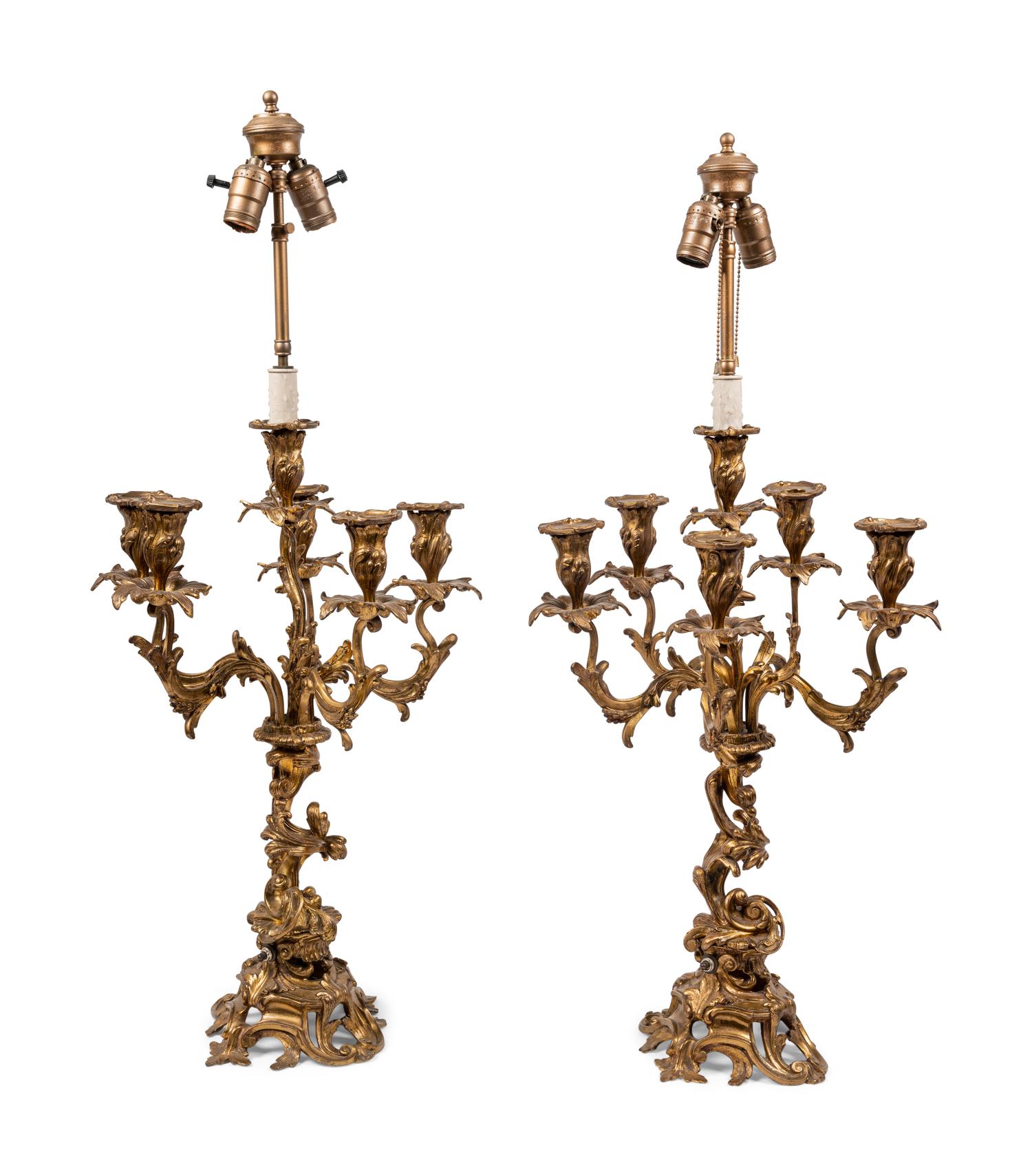 A Pair of Louis XV Style Gilt Bronze Six-Light Candelabra Mounted as Lamps