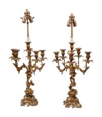 A Pair of Louis XV Style Gilt Bronze Six-Light Candelabra Mounted as Lamps