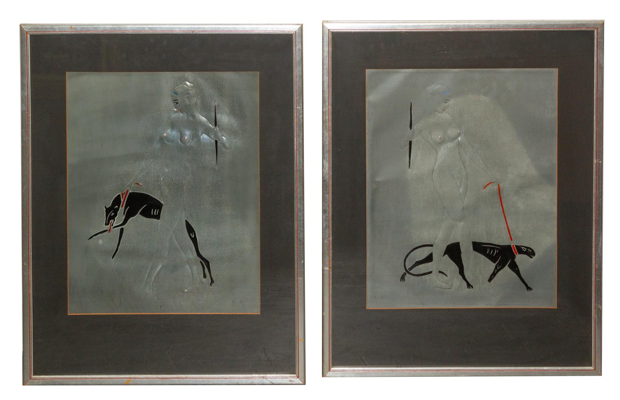 A Pair of Art Deco Embossed Metal and Enamel Works, Pack Height 18 x width 14 inches — FIRST HALF 20TH CENTURY