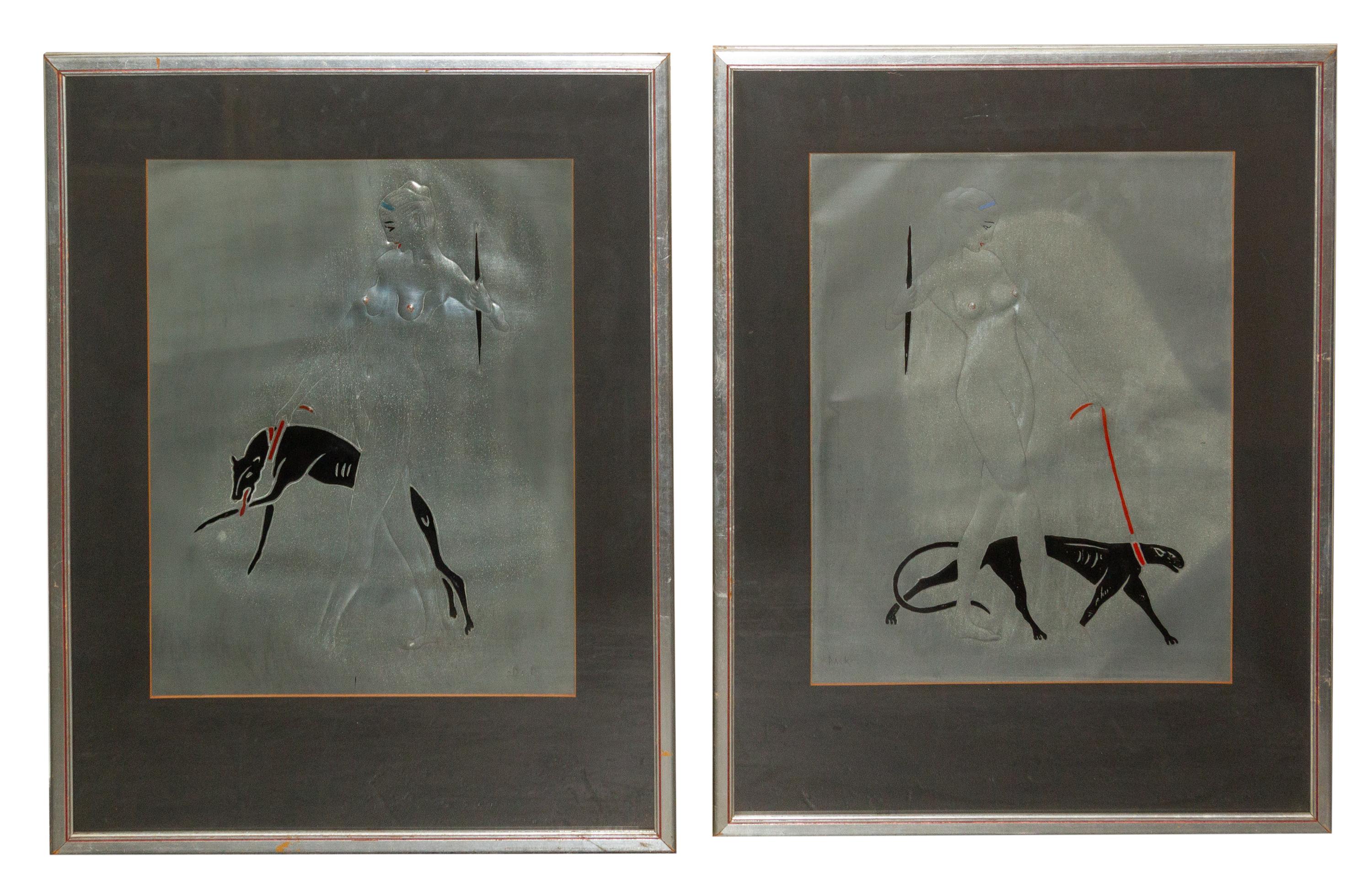 A Pair of Art Deco Embossed Metal and Enamel Works, Pack Height 18 x width 14 inches — FIRST HALF 20TH CENTURY