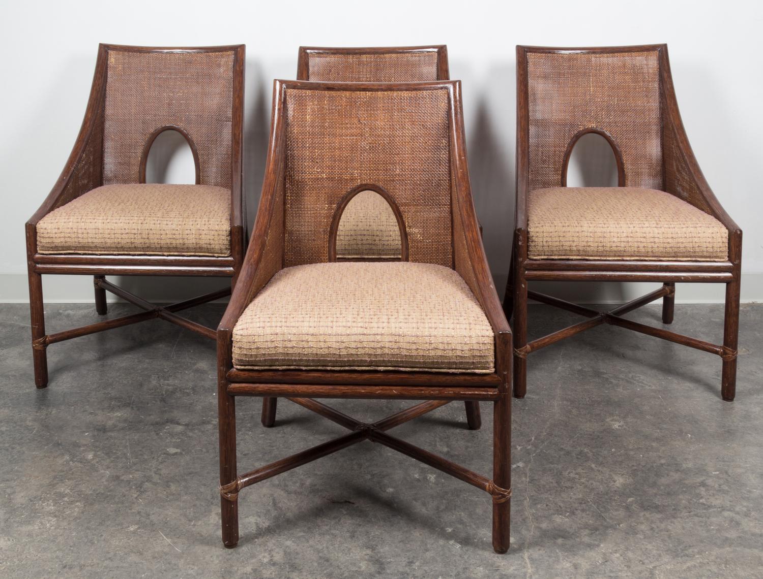 An American Bamboo and Rattan Table and Chairs Height of chairs 34 inches. — MCGUIRE FURNITURE CO.