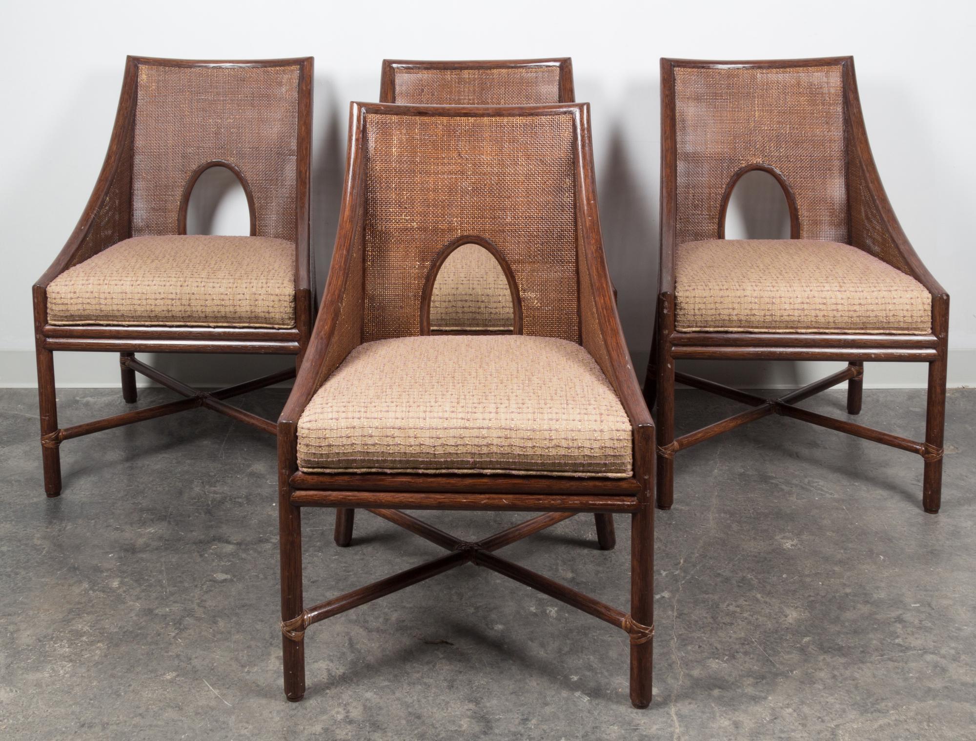An American Bamboo and Rattan Table and Chairs Height of chairs 34 inches. — MCGUIRE FURNITURE CO.