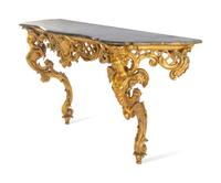 A Louis XV Style Carved Giltwood Faux Marble-Top Console Table