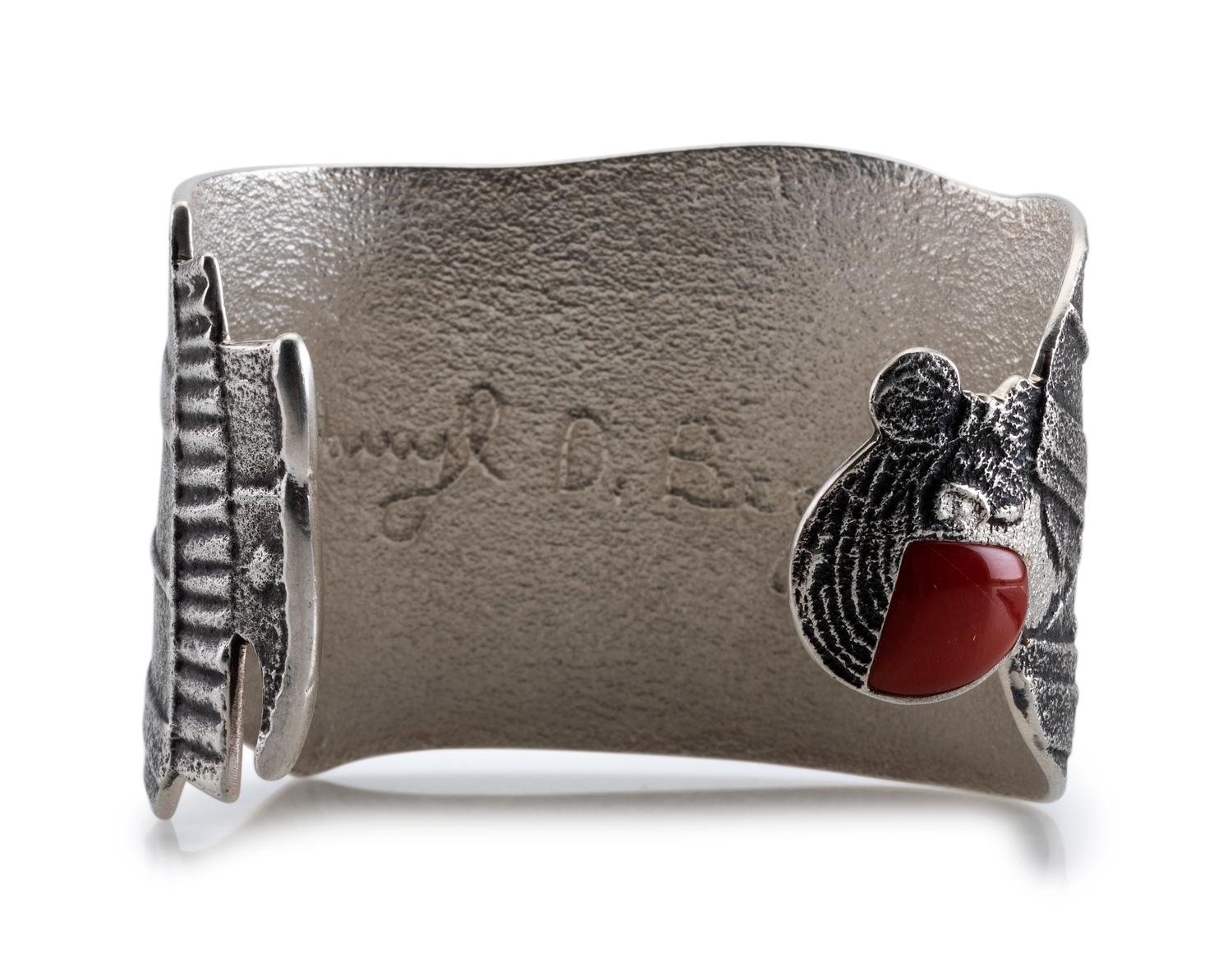 Tufa Cast Silver Figural Cuff Bracelet, with Coral Cabochon