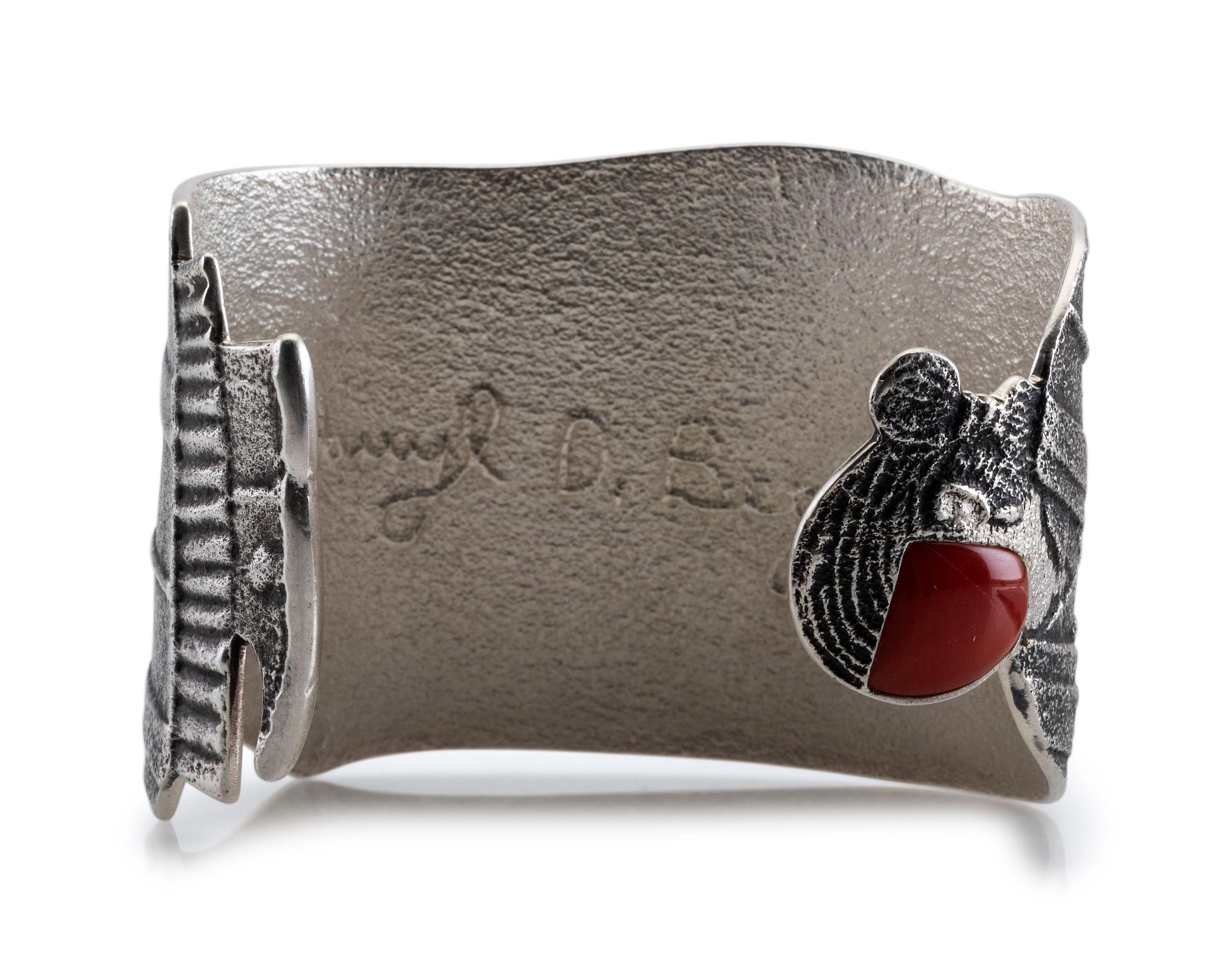 Tufa Cast Silver Figural Cuff Bracelet, with Coral Cabochon
