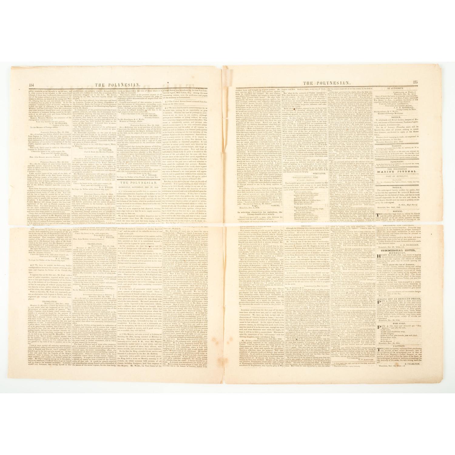 [HAWAII - MISSIONARIES] -- [WHITNEY, Samuel (1793-1845)]. The Polynesian . Vol. II, No. XXXII. Honolulu: Hawaiian Government, 27 December 1845.