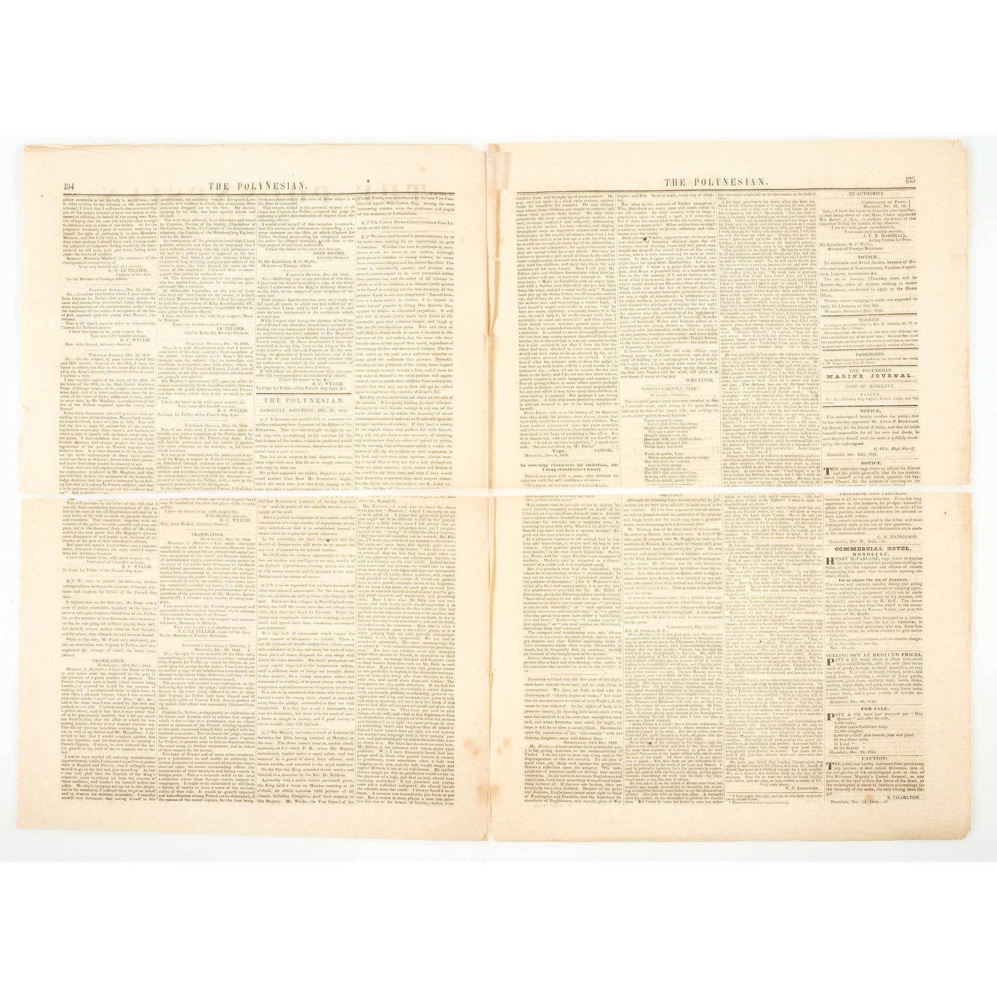 [HAWAII - MISSIONARIES] -- [WHITNEY, Samuel (1793-1845)]. The Polynesian . Vol. II, No. XXXII. Honolulu: Hawaiian Government, 27 December 1845.