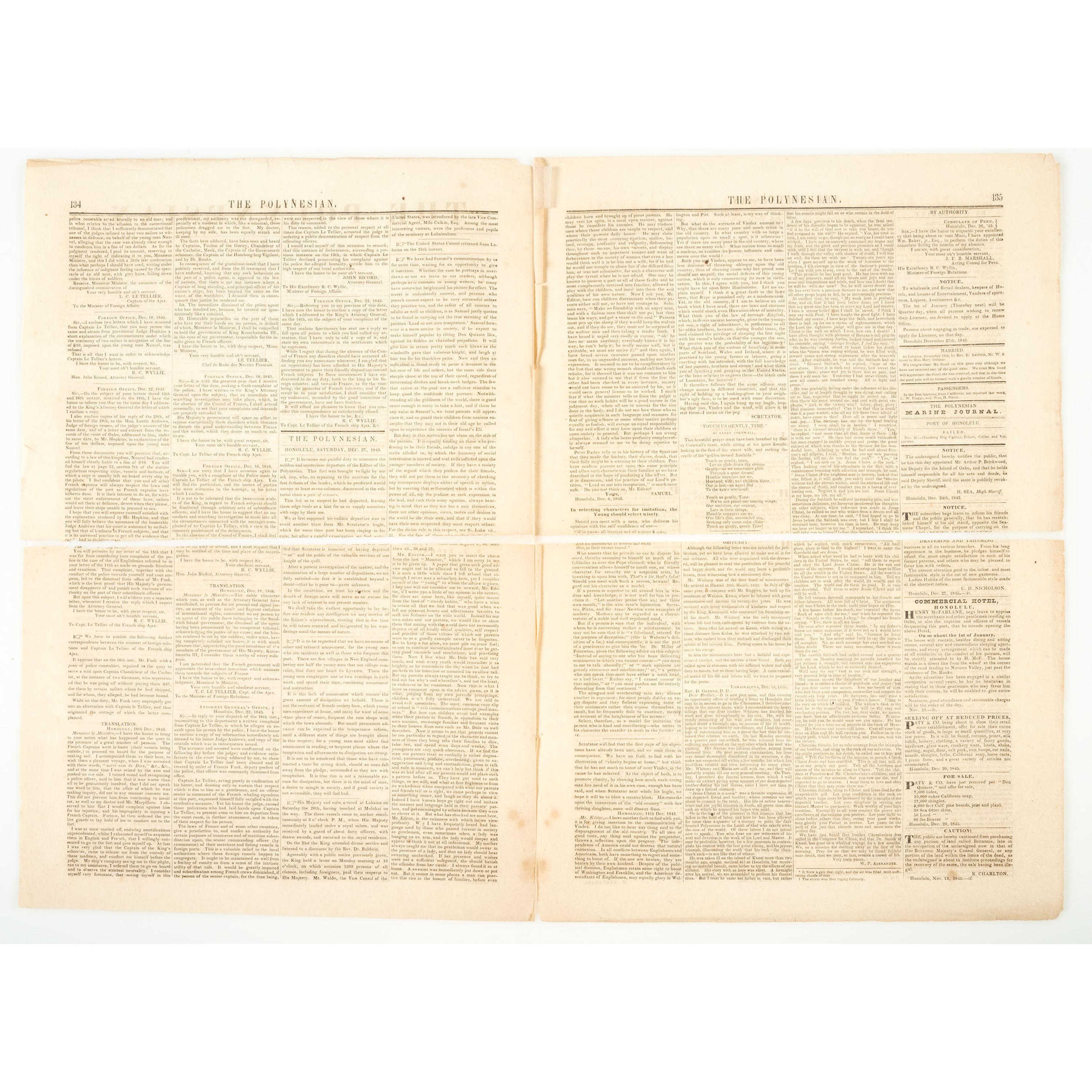 [HAWAII - MISSIONARIES] -- [WHITNEY, Samuel (1793-1845)]. The Polynesian . Vol. II, No. XXXII. Honolulu: Hawaiian Government, 27 December 1845.
