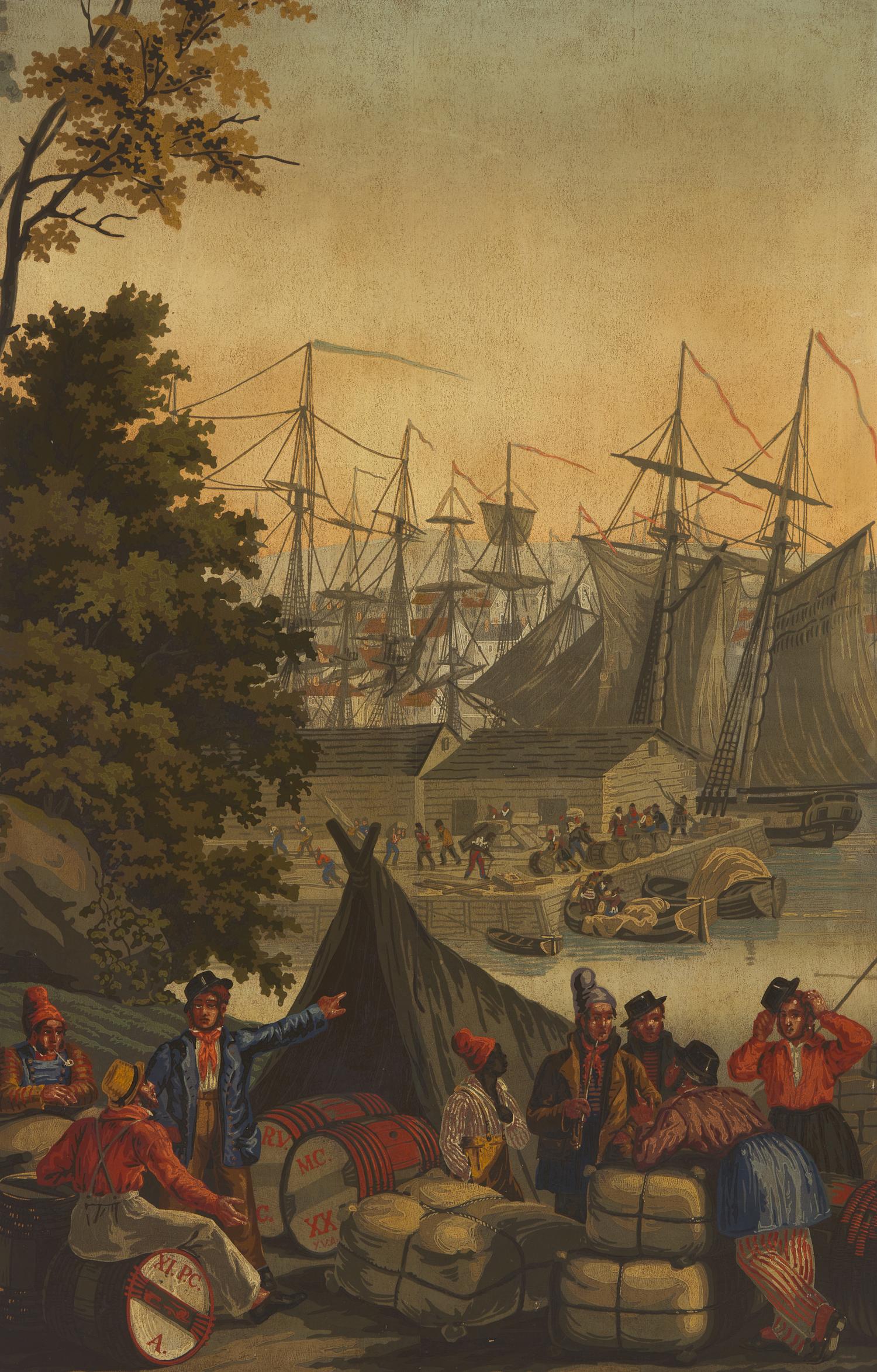 A Zuber & Cie Three-Panel Wallpaper "Vues D'Amerique du Nord" Depicting Boston Harbor