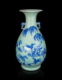 A Celadon Ground Blue and White Porcelain Baluster Vase
