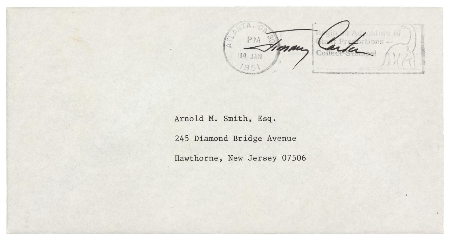 CARTER, Jimmy (b.1924), President. Autograph free frank ("Jimmy Carter"), on typed addressed cover. To Arnold M. Smith, Hawthorne, NJ, postmarked Atlanta, GA, 14 January 1991.