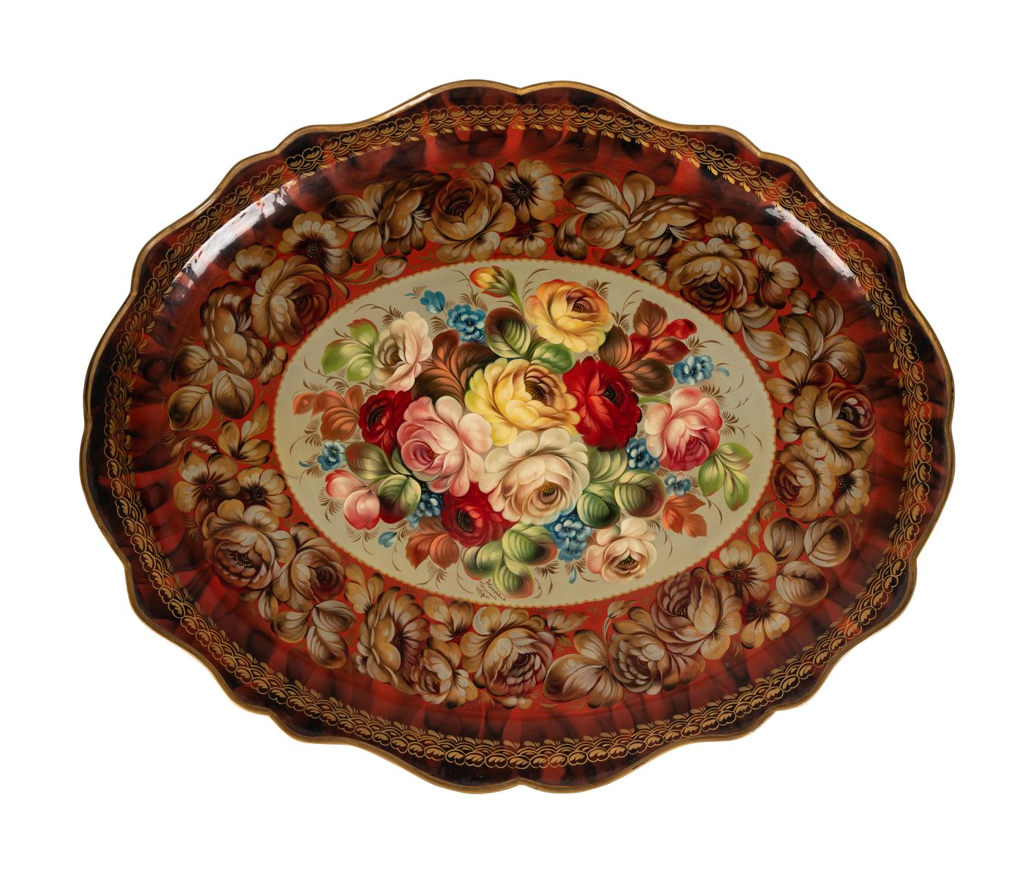 A Painted Tôle Tray on an Associated Stand
