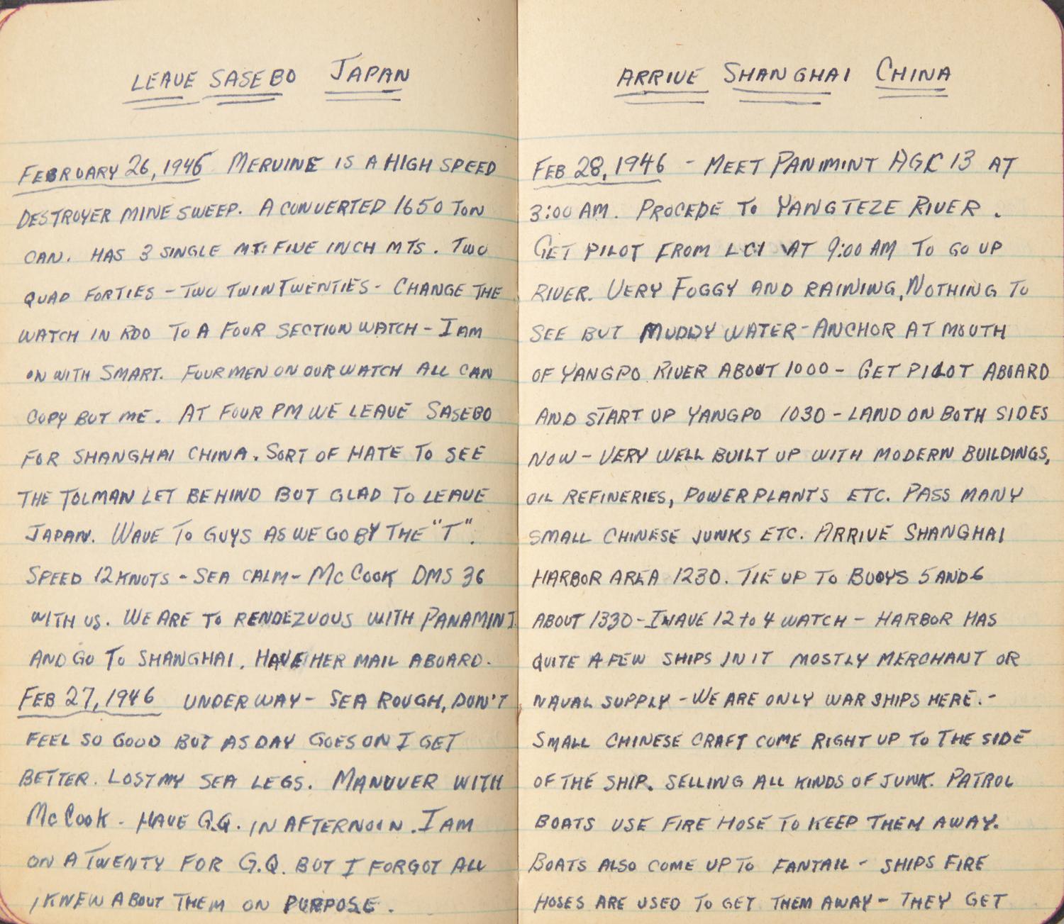 [World War II] Sailor's Pacific Theater Daily Journals, 1945-46, including Mention of the Dropping of the Atomic Bomb and Japan's Surrender