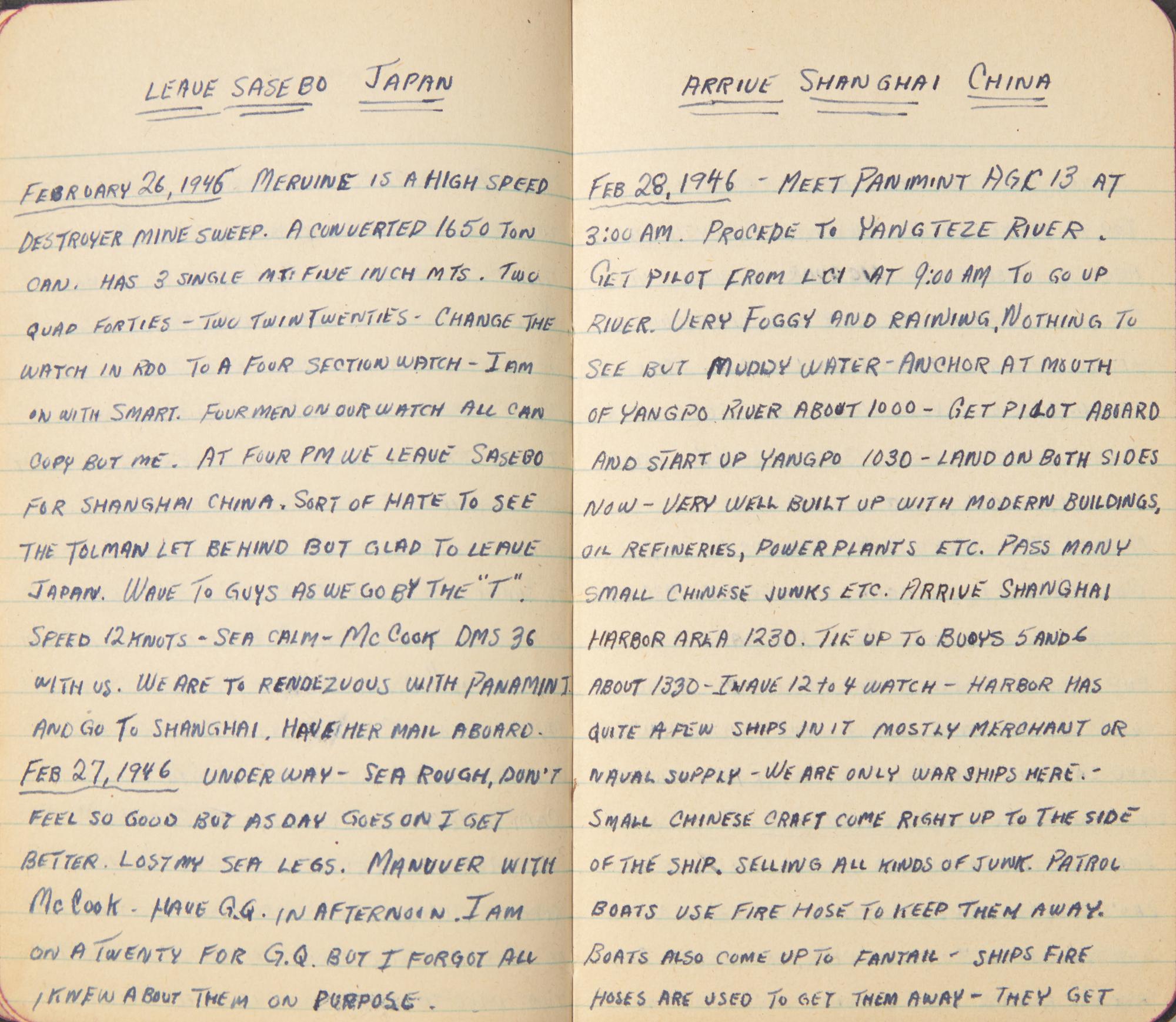 [World War II] Sailor's Pacific Theater Daily Journals, 1945-46, including Mention of the Dropping of the Atomic Bomb and Japan's Surrender