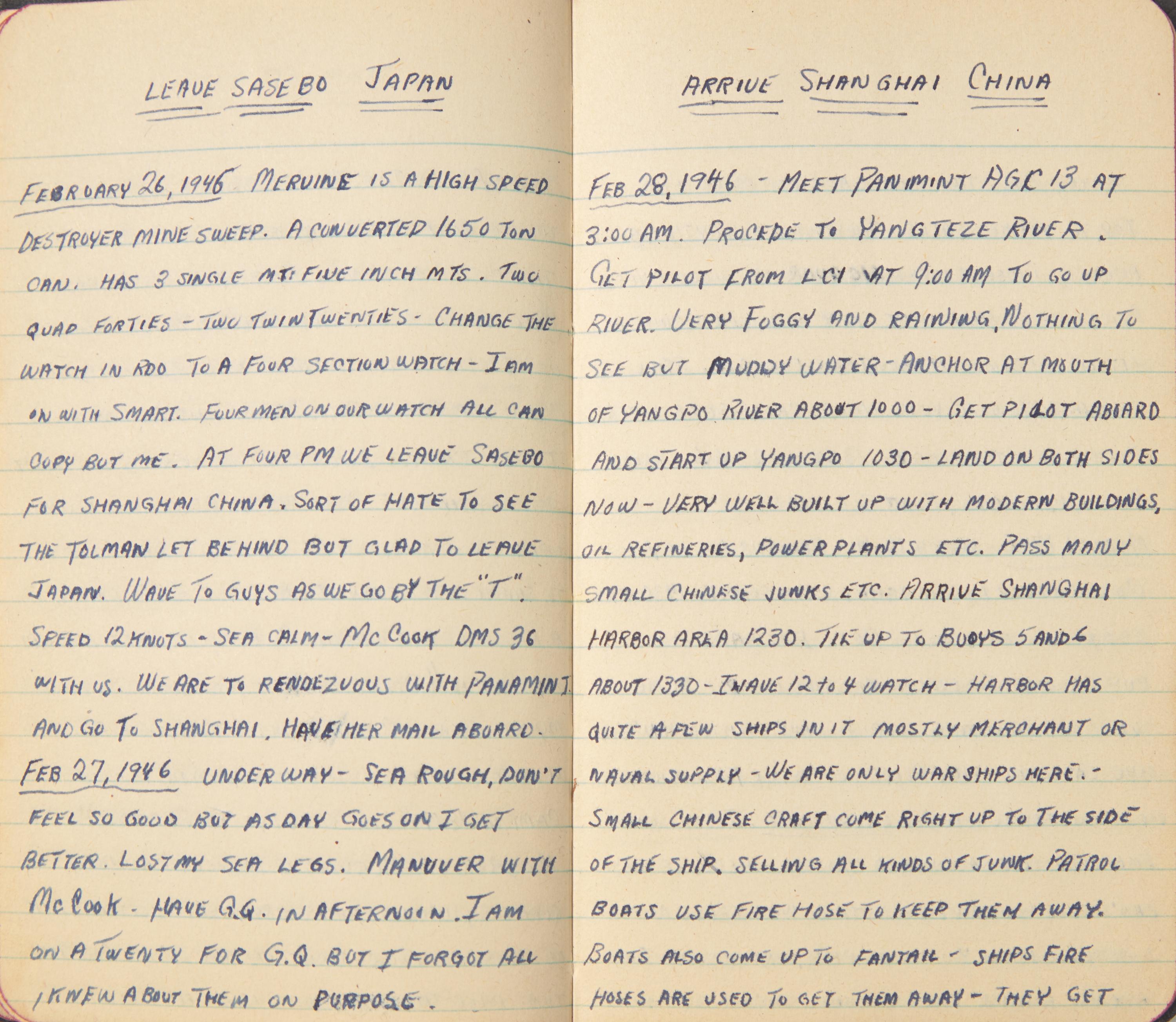 [World War II] Sailor's Pacific Theater Daily Journals, 1945-46, including Mention of the Dropping of the Atomic Bomb and Japan's Surrender