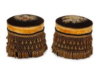 A Pair of Regency Style Needlework, Velvet and Fringed Circular Stools