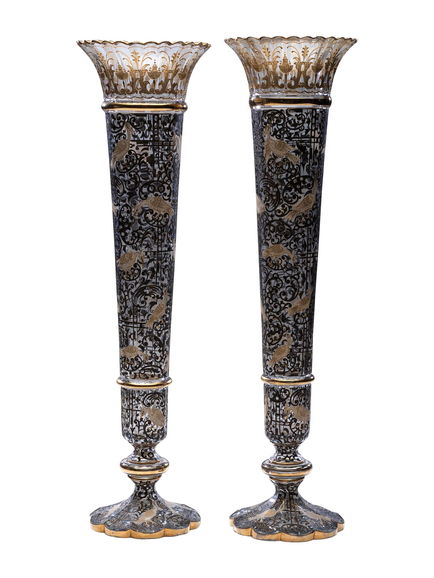 A Pair of Gilt and Paint Decorated Glass Trumpet Vases